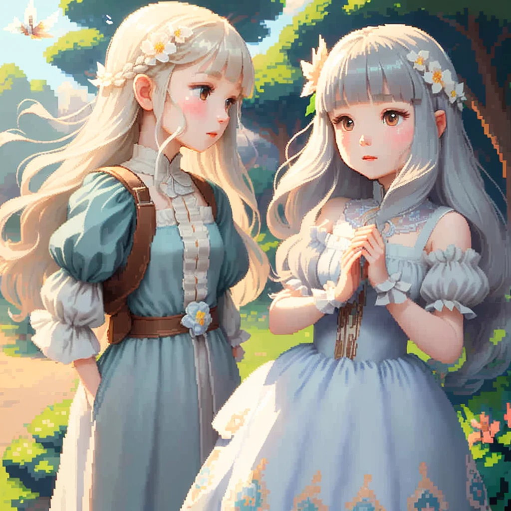 Pale light blue antique dress、Beige long-haired girl、Blunt bangs、profile、Pixel art、Pixel Art Illustration、pixels、Plain background、Upper body 、For icons、pixels_Art Book,Composition centered on the face、Straight face、Floral hair ornament、pixels、Game-style illustration、Pixel art、pixels、Light shading、Fluttering hair、Back hair fluttering in the wind、pixels、Pixel art、Pixel art