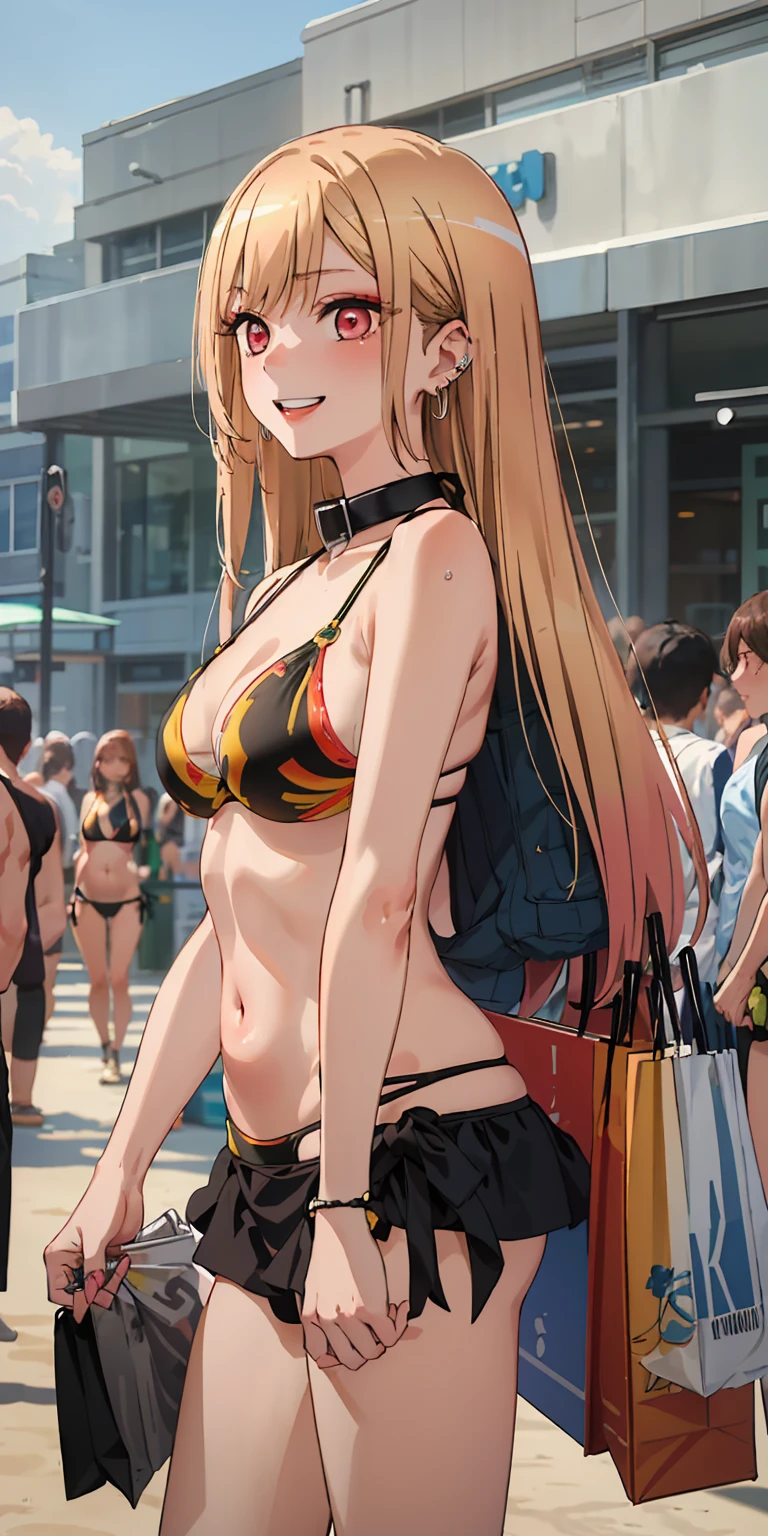 best quality, (masterpiece:1.2), detailed,
Beichuan Marine SB,
1 girl, Solitary, teeth, A bright smile, earrings,
Long hair, Blonde hair, Red Eyes, Colorful hair, Black Ribbon, Black Collar,
(((Bikini))), (((白色Bikini))),
Permanent installation, Looking at the audience,
Outdoor sports, Shopping