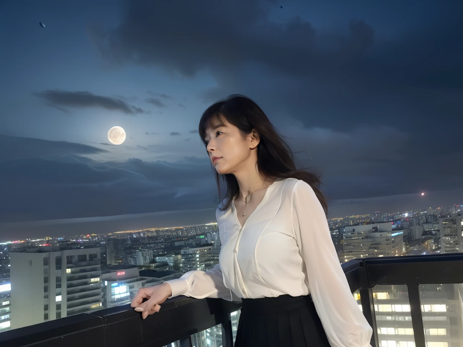 ((highest quality)), ((8K)), ((masterpiece: 1.3)), (Perfect appearance), (Photorealism: 1.6), (Ultra high definition), (Late Night: 1.4), (Skyscraper rooftop: 1.4), (Night sky with the moon visible through the clouds: 1.4), (Windy rooftop: 1.4), (ビルの縁に腰掛けるJapanese Mature: 1.6), (Sitting facing the outside of the building), (Legs thrown in the air: 1.2), (Woman looking down far below: 1.4), (Focus on the female figure: 1.4), (A woman standing in the center: 1.4), (Drone footage taken from outside the building: 1.4), (60 years old, Japanese Mature), ((Realistic skin texture)), ((Realistic skin texture)), (Fine lines all over the skin), (Dull skin), (Facial wrinkles), (Wrinkles around the eyes), double eyelid, Tear bags under the eyelids, Serious look, (Short bangs: 1.2), (Long Hair: 1.6), (Long hair is messed up by the strong wind: 1.4), (Soft fabric blouse: 1.2), (Flared long skirt: 1.2), (Her blouse and skirt are fluttering in the wind.: 1.4), (High heels: 1.2),