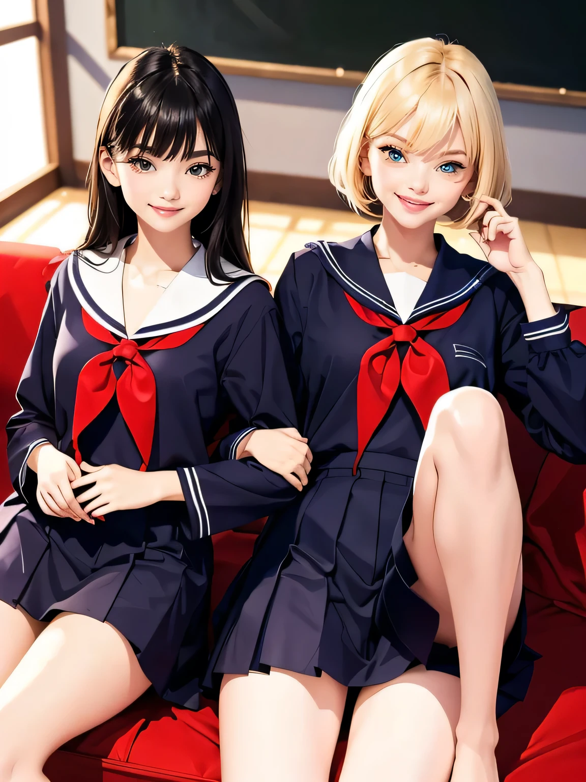 (top-quality、in 8K、32K、masterpiece、超A high resolution、Impresionismo、Photorealsitic:1.2)、Full body, Inside the classroom、Schools、Evening glow、beauitful face、blurry backround、16-year-old beautiful girl、shinny skin、bob cuts、Beautiful black hair、(Katyusha:1.2)、a sailor suit、Pleated miniskirt、Curve、dynamicposes、Smile with open mouth、Two girls, lying on sofa