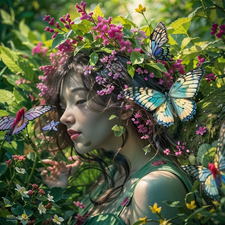 (best quality,4k,8k,highres,masterpiece:1.2),ultra-detailed,(realistic,photorealistic,photo-realistic:1.37),hybrid of plants and humans,beautifully intertwined,nature's creation,biological fusion,blending of organic forms,exquisite floral patterns,botanical elements merged with human features,lush greenery embracing human forms,vibrant blooms sprouting from human limbs,harmony in diversity, serenely entangled,blossoming limbs dancing in the wind,subtle veins of life running through floral skin,ethereal beauty with a touch of whimsy,enchanted garden personified,transcending the boundaries of nature and humanity,celebration of the interconnectedness of all life,awe-inspiring transformation of flora and fauna,unexpected synthesis of two realms.

medium: digital illustrations,mixed media creations,experimental art installations

additional details: mesmerizing flower crowns adorning the heads, ivy vines cascading down arms and legs, delicate petals emerging from fingertips, roots intertwining with veins, blossoms blooming from open mouths, leaves mirroring the shapes of human bodies, foliage engulfing torsos in a protective embrace, butterfly wings sprouting from shoulder blades, bioluminescent mushrooms illuminating the surroundings,pollen floating in the air, creating a magical atmosphere, an otherworldly energy radiating from the hybrid forms, dappled sunlight filtering through the dense foliage, casting enchanting shadows on the ground.

artistic style: surrealism, botanical realism, contemporary fantasy, magical realism, ethereal beauty, dreamlike, whimsical

color palette: vibrant greens, soft pastels, warm earth tones, pops of vivid florals, gentle gradients from light to dark, harmonious blend of natural hues, iridescent shimmer creating an otherworldly glow

lighting: soft diffused sunlight, dappled shade, glowing bioluminescence, warm golden hour glow, illuminating the interplay between plant and human forms.