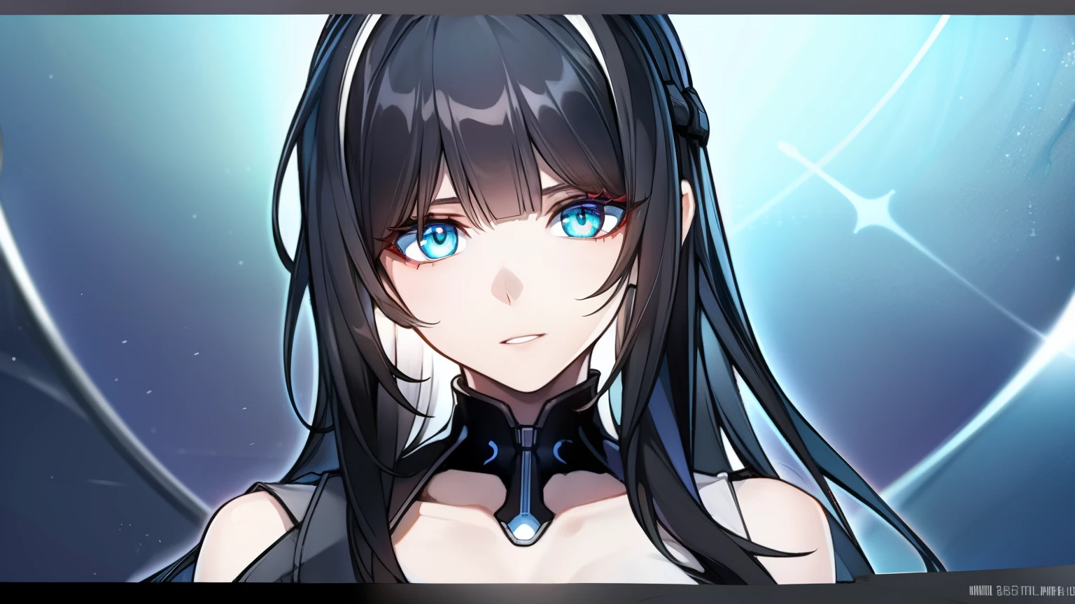 1female, black hair, beautiful face, dark blue eyes, long hair, flat chest, small breast, futuristic, visual novel cg style, BREAK looking at viewer, BREAK (masterpiece:1.2), best quality, high resolution, unity' 8k wallpaper, (illustration:0.8), (beautiful detailed eyes:1.6), extremely detailed face, perfect lighting, extremely detailed CG, (perfect hands, perfect anatomy)