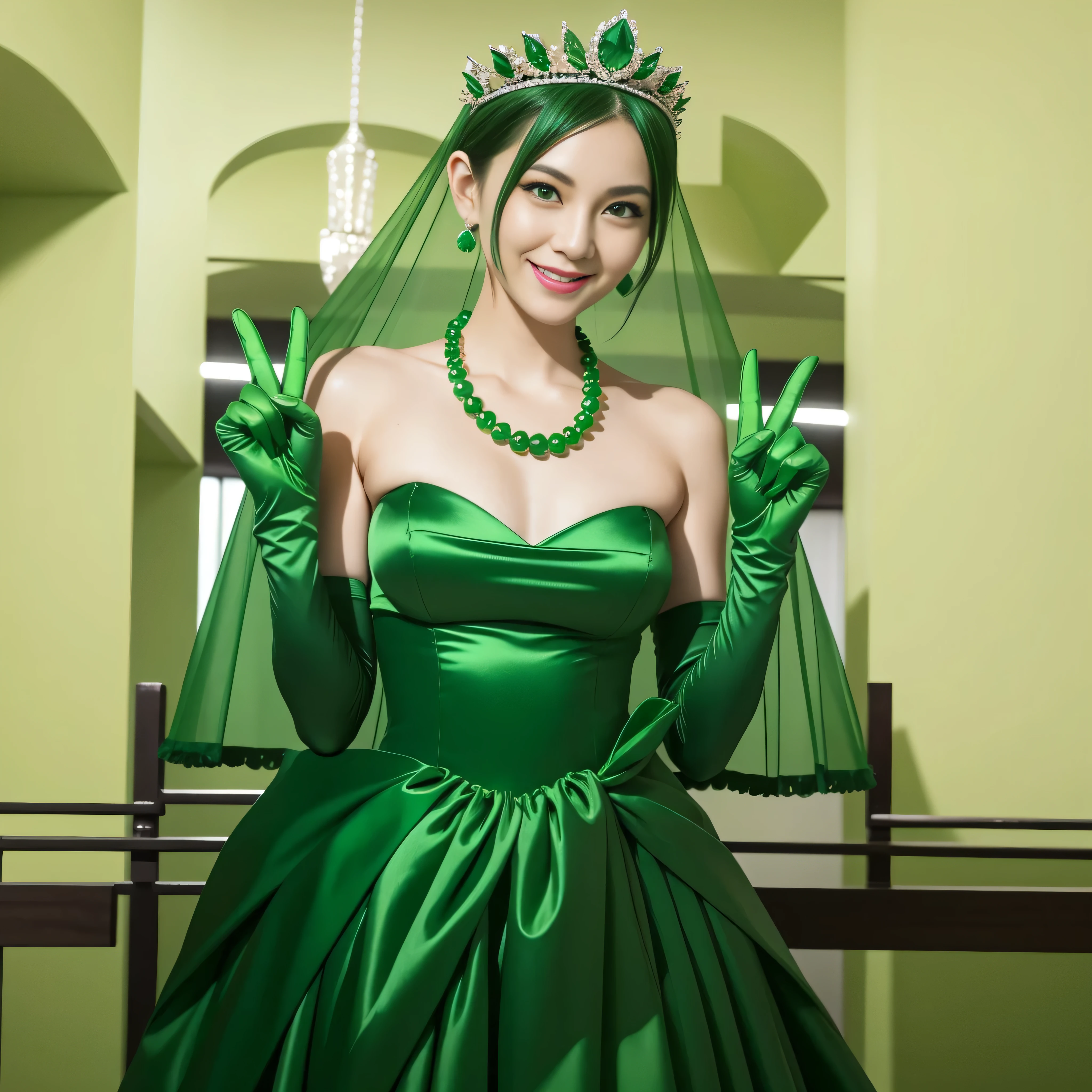 Emerald tiara, Green Pearl Necklace, Boyish very short green hair, lipstick, Smiling Japanese woman, Very short hair, Big and beautiful, Green Eyes, Long green satin gloves, Green Eyes, v sign, Emerald Earrings, Green veil