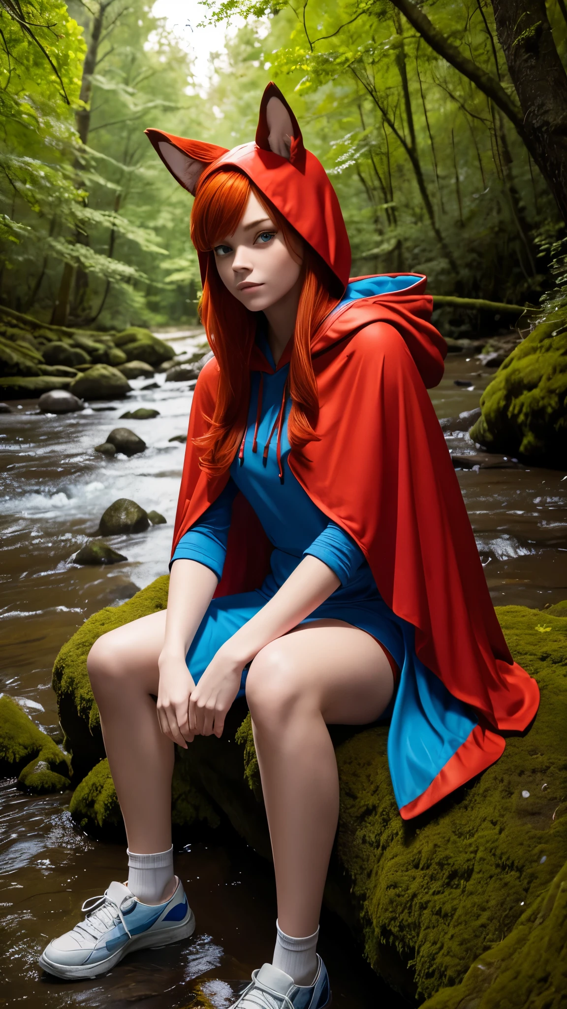 8k, best quality, (photorealistic:1.4), raw photo, 1girl, red hair, animal ears, blue hooded cape, ears sticking out, pose: sitting on a rock in a forest river, yellow eyes,  -