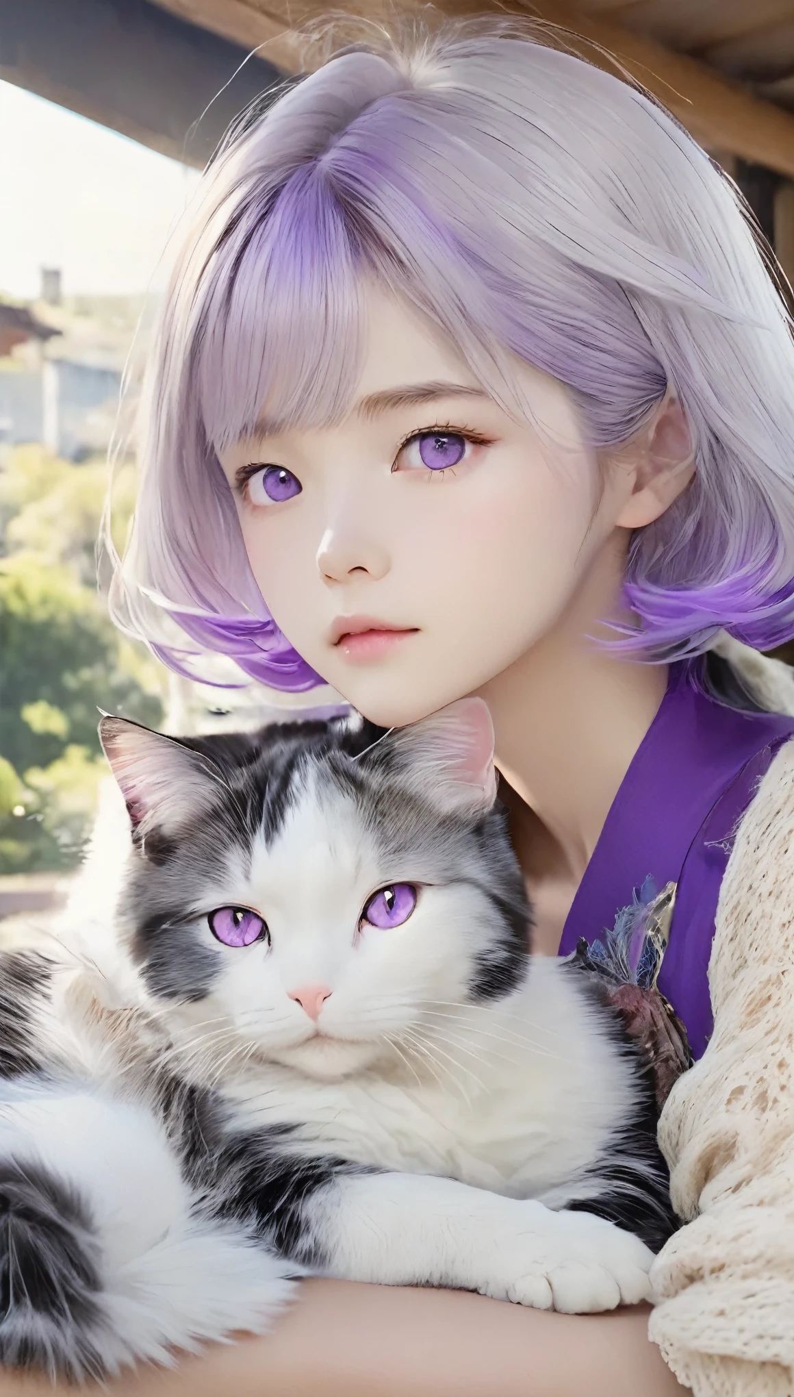 Tabletop, highest quality, Very delicate and beautiful girl,Very delicate and beautiful, (((Silky white hair、Gradation、Purple hair at the tips)))、break、(((灰色のpupil:1.2)))、Very detailed_face_pupil, Very detailed,There is a calico cat、Commemorative photo with cats、 highest quality, High resolution, Very detailed,1 girl, highest quality, shape, Looking at the audience, Authenticistic, Realist ,A peaceful veranda、Basking in the sun、Warm atmosphere、Sleeping cat