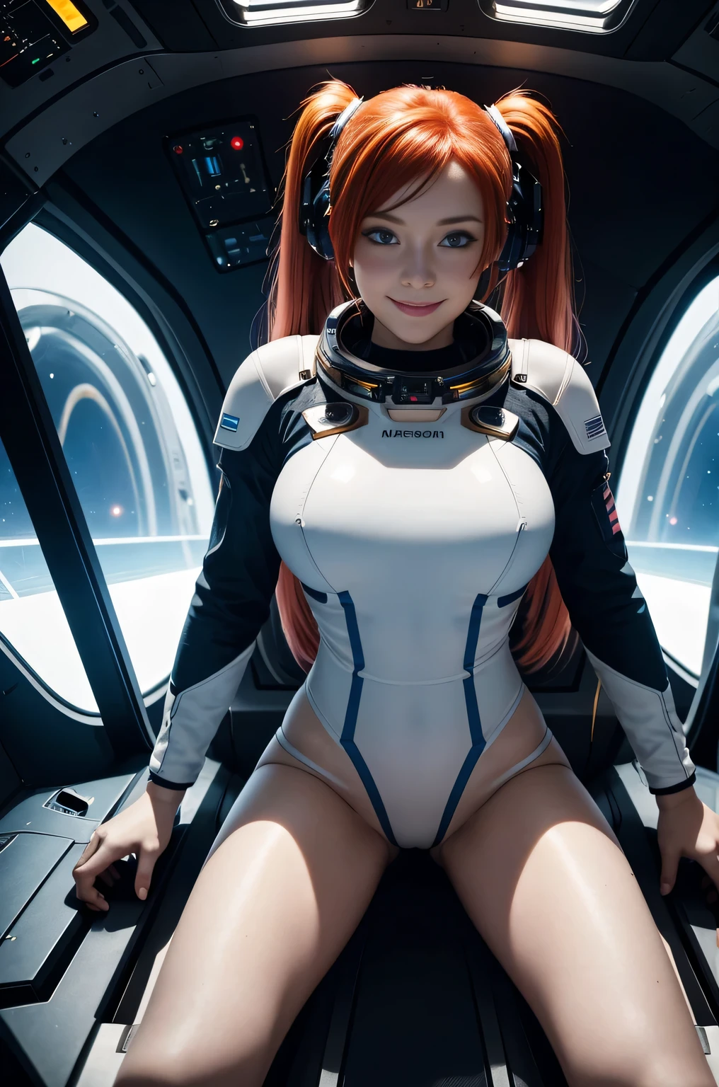 (overhead view) Cute redhead with rainbow colored hair tips, ribbons in her hair, 18-year-old woman, happy, smiling, in twin tails, perfect eyes, clear sparkling blue eyes, pale skin, silky smooth skin, flying a fancy metal luxurious space ship, futuristic cockpit, she's a pilot, outer space seen in windows, dark warm lighting, futuristic astronaut suit, anatomically correct, bare bottom, open legs, Best quality, high detailed, Masterpiece, Cinematic Lighting, 4K, wet and see-through.