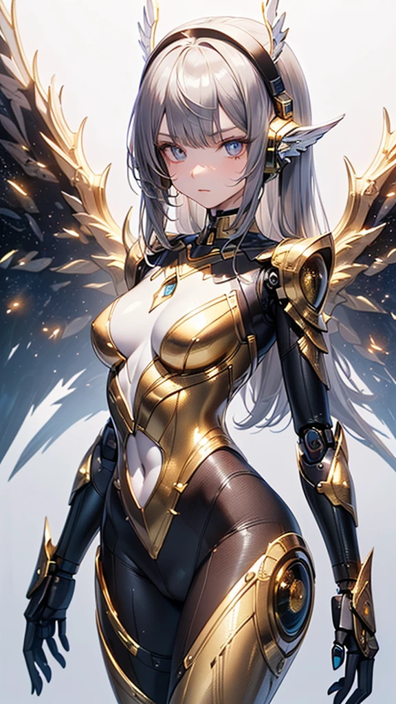 (masterpiece:1.5), (ultra-detailed), (High resolution), (best quality), (dynamic angle), (cowboy shot), (depth of field),
(android girl),no human, fine detailed face,silver hair, (extreme long hair), floating hair, bangs, serious face, (gold eyes), (mechanical detailed iris in eyes), (holographic detailed pupils), headset, (robot joint:1.2), (robot hip-joint), (gloss white bodysuits:1.4), (silver and gold trim), frontlight, backlight, (medium bast),slender,
(spread arms), (science fiction), (glowing mechanics wings:1.5), (three pairs of wings:1.4), (space battle), (star-dust), shooting-star,