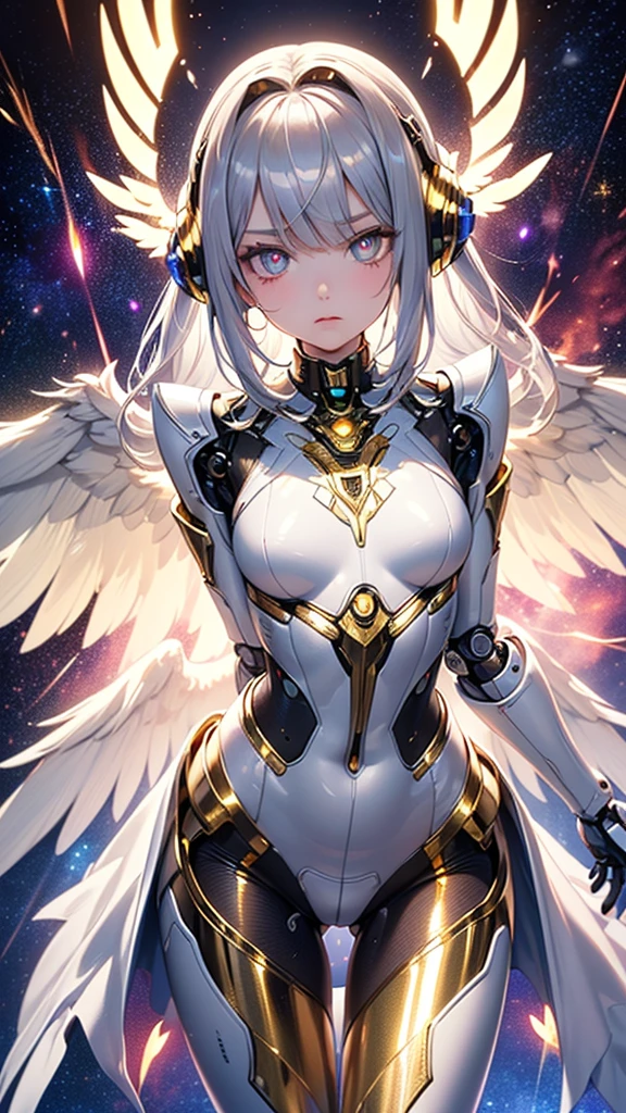 (masterpiece:1.5), (ultra-detailed), (High resolution), (best quality), (dynamic angle), (cowboy shot), (depth of field), 
(android girl),no human, fine detailed face,silver hair, (extreme long hair), floating hair, bangs, serious face, (gold eyes), (mechanical detailed iris in eyes), (holographic detailed pupils), headset, (robot joint:1.2), (robot hip-joint), (gloss white bodysuits:1.4), (silver and gold trim), frontlight, backlight, (medium bast),slender,
(spread arms), (science fiction), (glowing mechanics wings:1.5), (three pairs of wings:1.4), (space battle), (star-dust), shooting-star, 