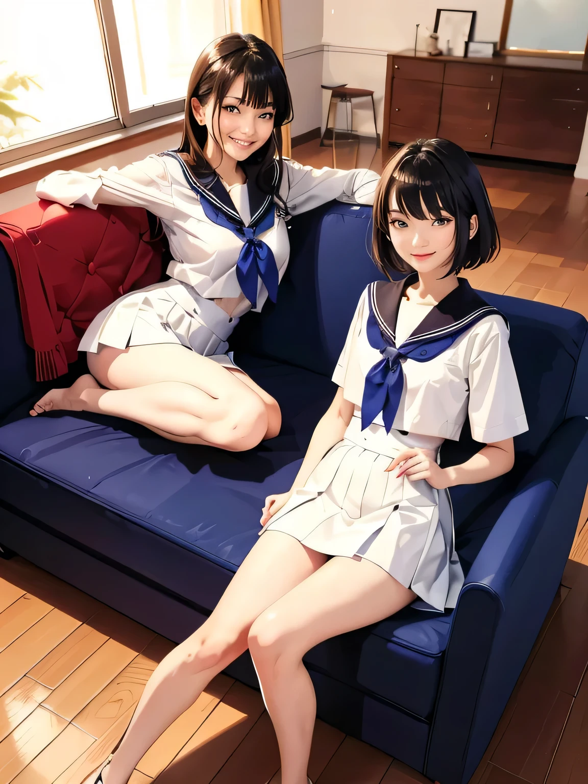 (top-quality、in 8K、32K、masterpiece、超A high resolution、Impresionismo、Photorealsitic:1.2)、Full body, Inside the classroom、Schools、Evening glow、beauitful face、blurry backround、16-year-old beautiful girl、shinny skin、bob cuts、Beautiful black hair、(Katyusha:1.2)、a sailor suit、Pleated miniskirt、Curve、dynamicposes、Smile with open mouth、Two girls, lying on sofa