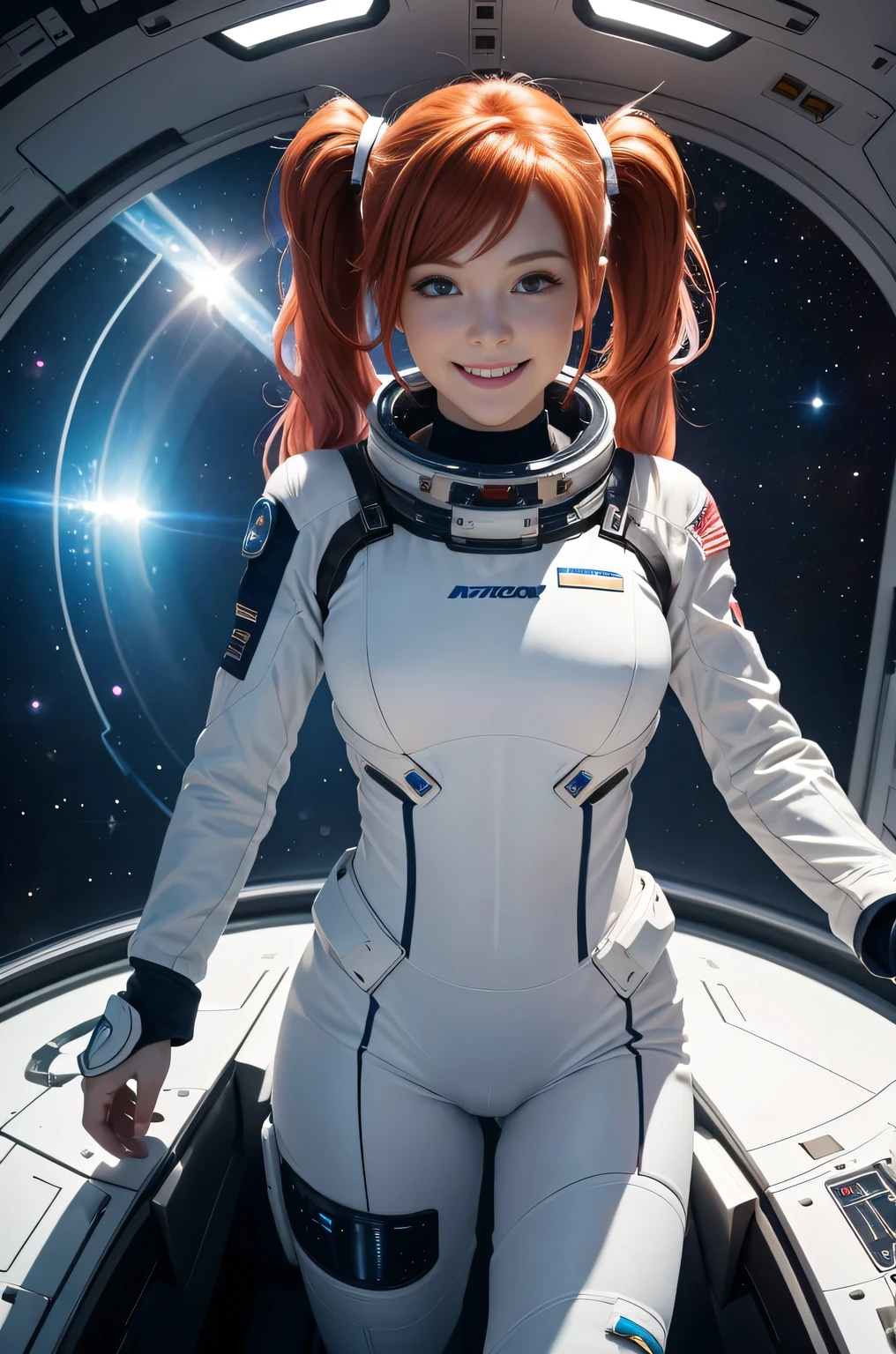 (overhead view) Cute redhead with rainbow colored hair tips, ribbons in her hair, 18-year-old woman, happy, smiling, in twin tails, perfect eyes, clear sparkling blue eyes, pale skin, silky smooth skin, flying a fancy metal luxurious space ship, futuristic cockpit, she's a pilot, outer space seen in windows, dark warm lighting, futuristic astronaut suit, anatomically correct, bare bottom, open legs, Best quality, high detailed, Masterpiece, Cinematic Lighting, 4K, wet and see-through.