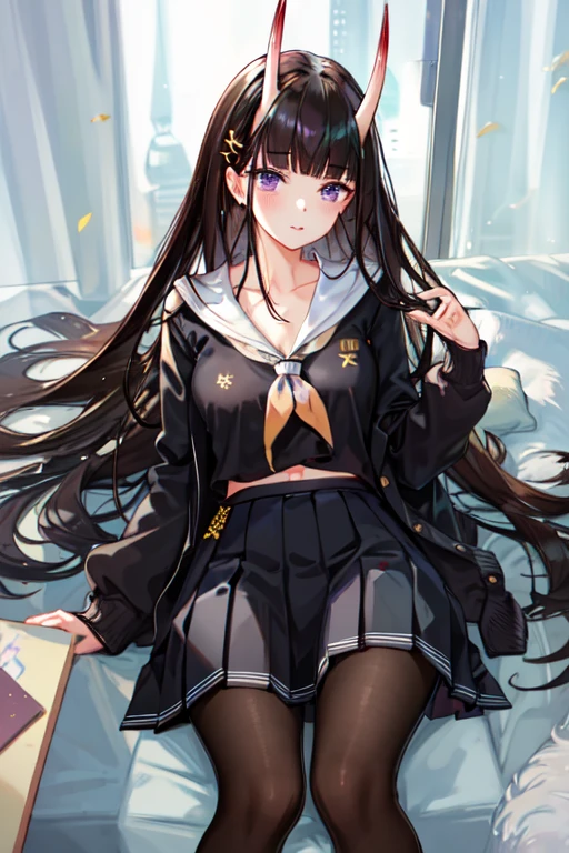 masterpiece, best quality, NshroV4, 1girl, solo, long hair, looking at viewer, skirt, black hair, black school uniform, purple eyes, pantyhose, pleated skirt, horns, serafuku, cardigan, oni horns,