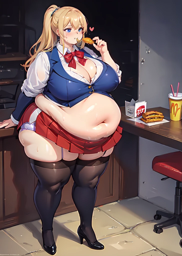 High quality, full body photo of a beautiful sexy secretary wearing extremely short skirt and seamed stockings, ((solo)), adult, high heels, craves sex, sweaty, eating at McDonalds, beautiful face, long wavy blonde hair, stunning blue eyes, massive painfully overstuffed bloated distended bulging heavy obese belly, panties visible under skirt, revealing skirt, shes binge eating, weight gain, very wide fat hips, fat thick thighs, massive wide fat round heart shaped shelf bubble butt, massive fat heavy breasts, very deep cleavage, tight uniform, belly so full it hurts, shes so fat she can barely stand, shes so full she can barely stand, her clothes dont fit shes so extremely fat, shes become a fat food addicted slob, she doesnt care about being fat anymore she just wants to eat more and more food until she cant move, covered in sweat, belly bigger than her body, she’s very heavy massive and obese, fat cheeks, fat face, fat neck, struggling to eat more, struggling to stand,