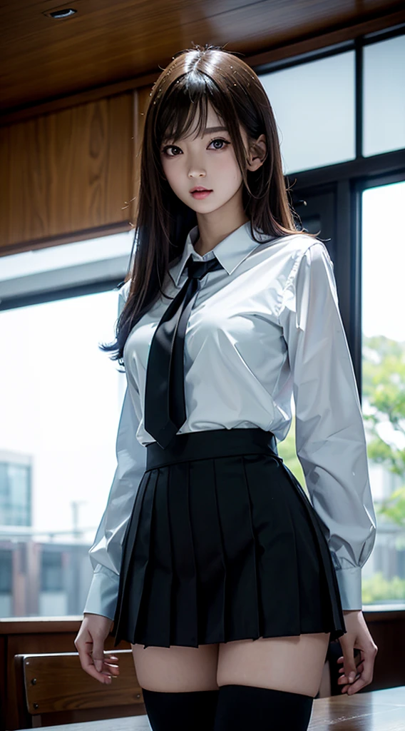 Masterpiece, 1 Beautiful Woman, Detailed Eyes, Swollen Eyes, Top Quality, Ultra High Resolution, (Real: 1.4), Film Lighting, Japanese, Beautiful Skin, Slender, Body Looking Forward, (Ultra Realistic), (High Resolution), (8K), (Ultra Detailed), Detailed Face, Lighting is Bright, Professional Lighting, Coffee shop, cafe, rain outside window, facing front, black eyeballs, white blouse, school yard, high school girl, , short skirt, 18 years old, futuristic school building,