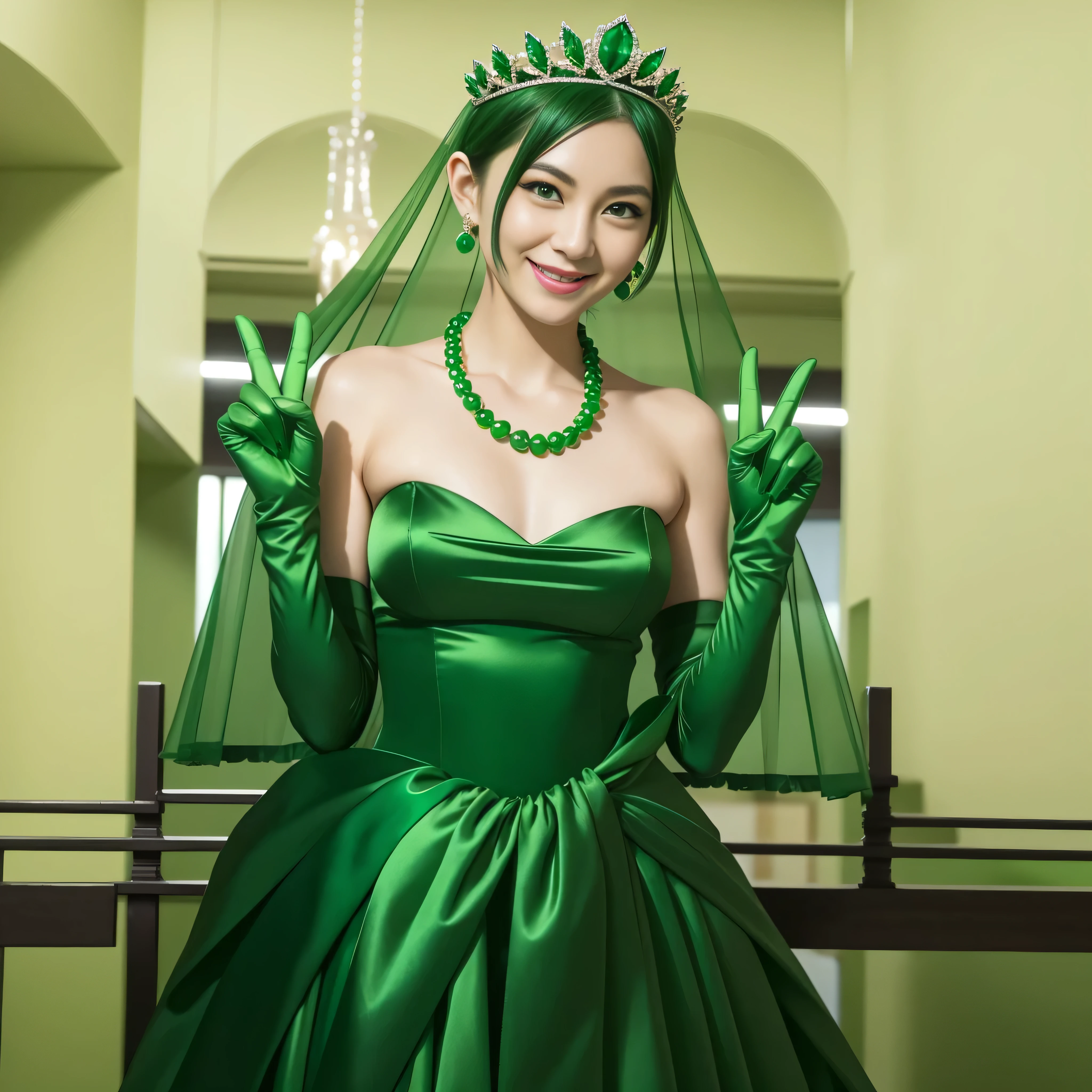 Emerald tiara, Green Pearl Necklace, Boyish very short green hair, lipstick, Smiling Japanese woman, Very short hair, Big and beautiful, Green Eyes, Long green satin gloves, Green Eyes, v sign, Emerald Earrings, Green veil