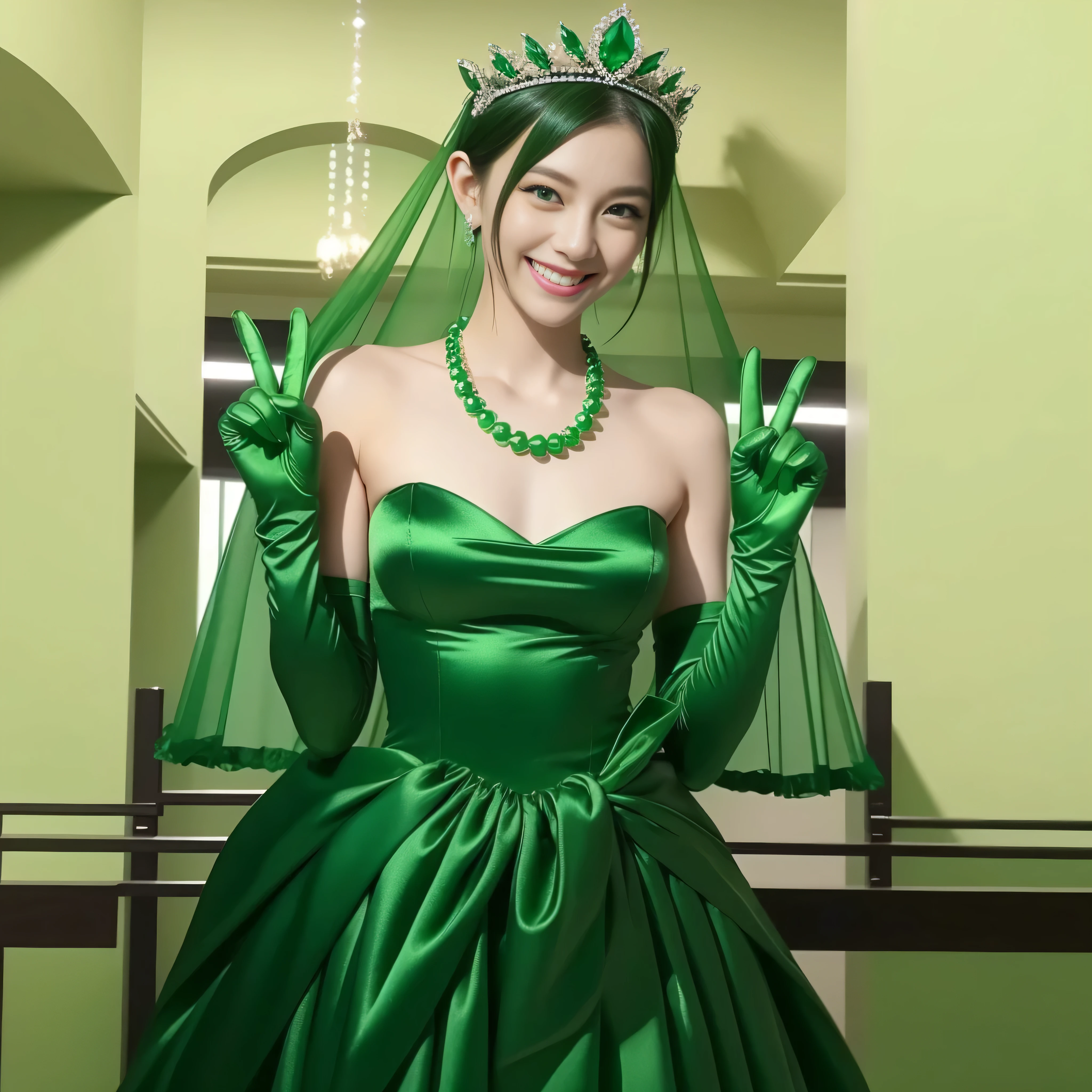 Emerald tiara, Green Pearl Necklace, Boyish very short green hair, lipstick, Smiling Japanese woman, Very short hair, Big and beautiful, Green Eyes, Long green satin gloves, Green Eyes, v sign, Emerald Earrings, Green veil
