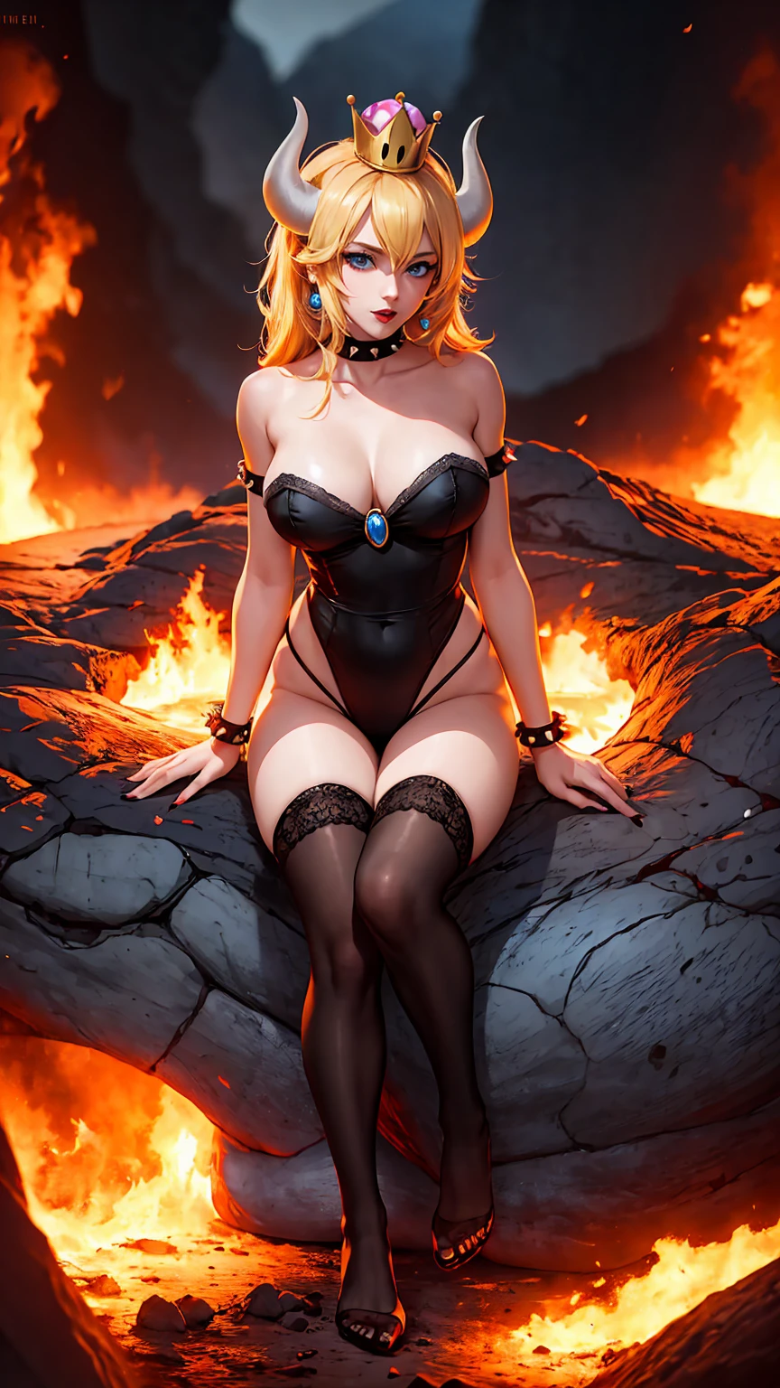 ((high detailed, best quality, 4k, masterpiece, hd:1.3)), ((best quality)), (((HD))), (((8k))), (ultraDH), (ultra HD), Princess Daisy, blue eyes, BREAK blue eyes, seductive, attractive, smooth anime cg art, 36C , long legs, vivid colors, detailed digital art, slim body, perfect skin, dark blonde hair, long hair, blonde hair, blonde hair, BREAK crown, cleavagleavage, lookiewer, BREAK looking at viewer, extremely detailed face, red santa suit, red santa claus suit, santa claus suit, earrings, gem, dark black makeup lips, dark gothic eyeshadows, dark eyeshadows, black eyeshadows, black sexy lips, black lips, rk:1.2), dark lips, very dark lips, (perfect hands, perfect anatomy), black makeup, black medium lips, black thick lips, detailed fingers, five fingers per hand, 5 fingers, (1 girl), detailed lips, detailed black lips, black painted lips, gothic painted lips, BREAK night, night sky, (breast focus), (arms outst:1.2), (from above:1.1), (breasts out:1.3), (off shoulder:white horns), (lingerie), inside a lava castle, she inside a sea of lava, she bathing in lava, full body, perfect long legs, perfect foots, legs and foots into the lava,