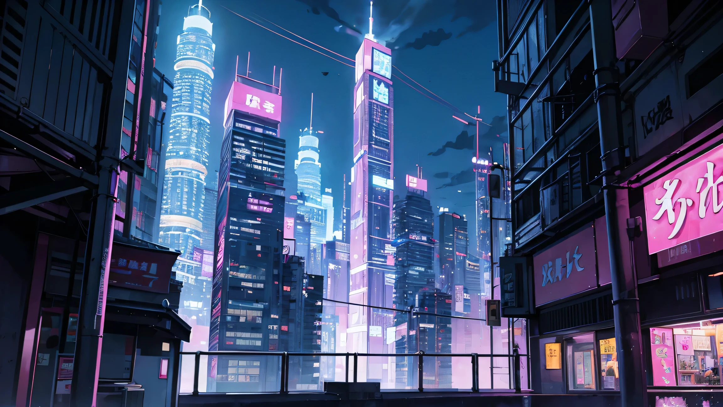 Manga style illustration、Solid Paint、City Building、rooftop、skyscraper、Purple neon color, pink, green