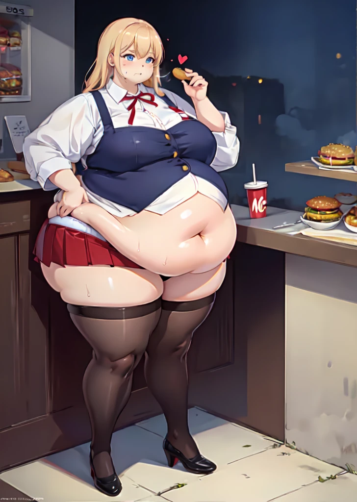 High quality, full body photo of a beautiful sexy secretary wearing extremely short skirt and seamed stockings, ((solo)), adult, high heels, craves sex, sweaty, eating at McDonalds, beautiful face, long wavy blonde hair, stunning blue eyes, massive painfully overstuffed bloated distended bulging heavy obese belly, panties visible under skirt, revealing skirt, shes binge eating, weight gain, very wide fat hips, fat thick thighs, massive wide fat round heart shaped shelf bubble butt, massive fat heavy breasts, very deep cleavage, tight uniform, belly so full it hurts, shes so fat she can barely stand, shes so full she can barely stand, her clothes dont fit shes so extremely fat, shes become an obese food addicted blob, unapologetically obese, fat face, fat double chin, fat neck, apron belly,