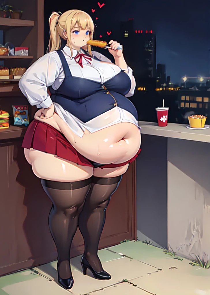High quality, full body photo of a beautiful sexy secretary wearing extremely short skirt and seamed stockings, ((solo)), adult, high heels, craves sex, sweaty, eating at McDonalds, beautiful face, long wavy blonde hair, stunning blue eyes, massive painfully overstuffed bloated distended bulging heavy obese belly, panties visible under skirt, revealing skirt, shes binge eating, weight gain, very wide fat hips, fat thick thighs, massive wide fat round heart shaped shelf bubble butt, massive fat heavy breasts, very deep cleavage, tight uniform, belly so full it hurts, shes so fat she can barely stand, shes so full she can barely stand, her clothes dont fit shes so extremely fat, shes become an obese food addicted blob, unapologetically obese, fat face, fat double chin, fat neck, apron belly,