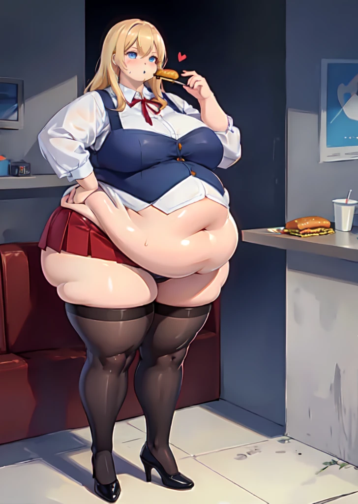 High quality, full body photo of a beautiful sexy secretary wearing extremely short skirt and seamed stockings, ((solo)), adult, high heels, craves sex, sweaty, eating at McDonalds, beautiful face, long wavy blonde hair, stunning blue eyes, massive painfully overstuffed bloated distended bulging heavy obese belly, panties visible under skirt, revealing skirt, shes binge eating, weight gain, very wide fat hips, fat thick thighs, massive wide fat round heart shaped shelf bubble butt, massive fat heavy breasts, very deep cleavage, tight uniform, belly so full it hurts, shes so fat she can barely stand, shes so full she can barely stand, her clothes dont fit shes so extremely fat, shes become an obese food addicted blob, unapologetically obese, fat face, fat double chin, fat neck, apron belly,