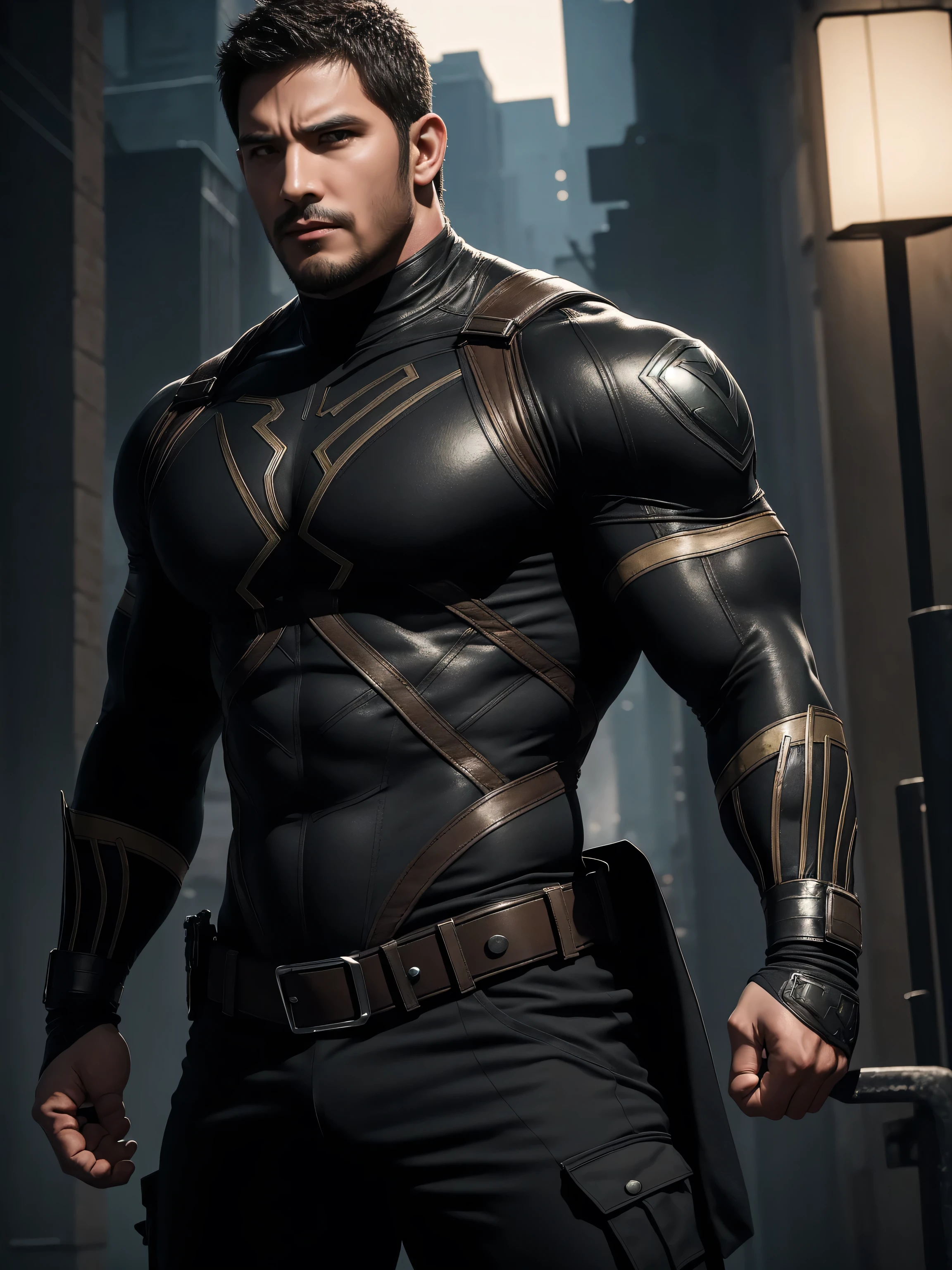 One Tall giant muscular police officer, On the old-style outdoor streets, Wearing long-sleeved brown superhero Black Panther bodysuit, Elastic spandex material,The expression is arrogant, Lift your chin, Messy hair, Thick thighs, Brown Superhero Bodysuit with Turtleneck and Long Sleeves, very tight, Regular symmetrical pattern, Highlight muscles, Police uniform pants, character concept(Resident Evil - Chris Redfield, Chris Redfield)A proud expression, Deep and charming eyes, Heroic male pose, tall Burly, muscular!muscular thighs, tough guy, perfect facial features, High, Burly, Heqiang, Super polished and cool, High Resolution Committee, Charismatic, The sun is blazing, dazzling