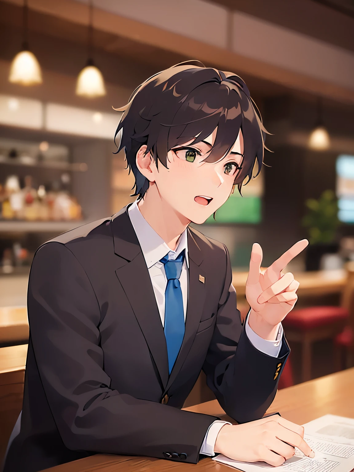 beer, side angle, (looking away:1.5), Biologically correct five fingers、upper body、shiny skin, masterpiece、highest quality、(25-year-old male:1.5) and (Brown short hair) and (Green Eyes), (Wearing a suit) and (Blue tie)、smile、open mouth, The background is the interior of a restaurant at night.、(Alone:1.5)、Are standing