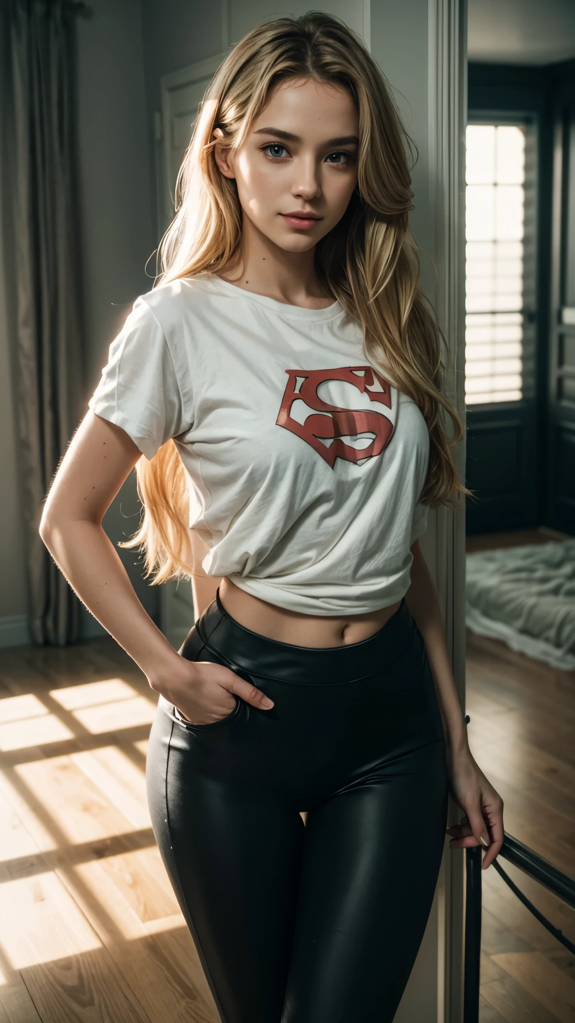 1 girl, 25 years old, Blonde,Delicate face, Exquisite eyes, Exquisite facial features, sweet smile, ((long T shirt)),tight yoga long trousers,Small chest,((Full body shot:1.2)), in the room,Sexy pose, Random pose,Random color of clothes, ((Super Detail, best quality:1.4, masterpiece:1.2, super detail)), high detail, ray tracing, award winning, best quality, award winning, masterpiece, super detail, HD, 8k, UHD