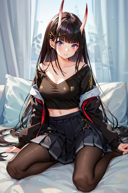 masterpiece, best quality, NshroV4, 1girl, solo, long hair, looking at viewer, skirt, black hair, sitting, black school uniform, purple eyes, pantyhose, pleated skirt, horns, serafuku, cardigan, oni horns,