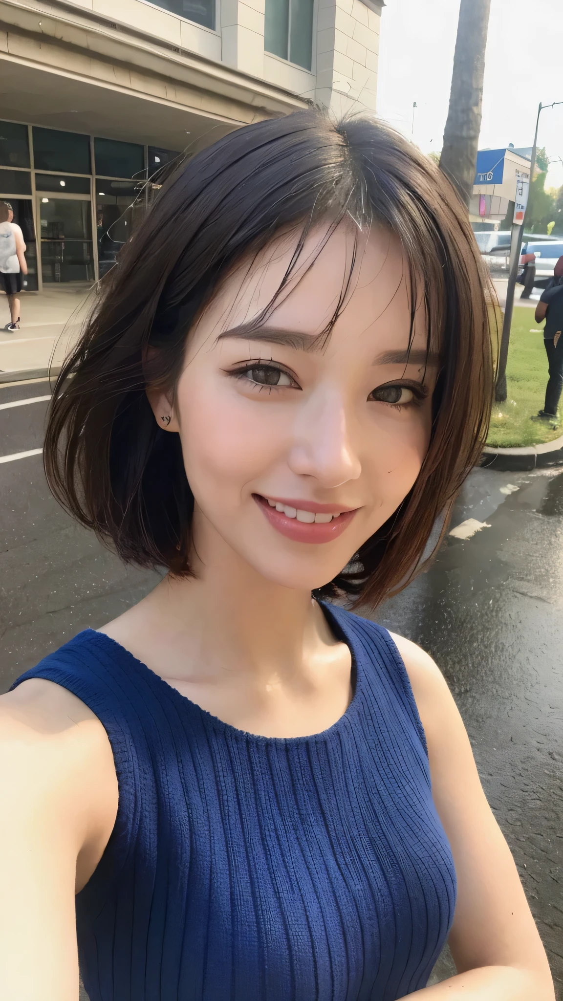 ((highest quality, 8k, masterpiece: 1.3)), Sharp focus: 1.2, Beautiful woman with perfect figure: 1.4, Slim Abs: 1.2, Short Bob, Knitted dress, Sleeveless, Thick upper arms, street: 1.2, Wet body: 1.1, Highly detailed face and skin texture, Beautiful Eyes, double eyelid, big, smile,