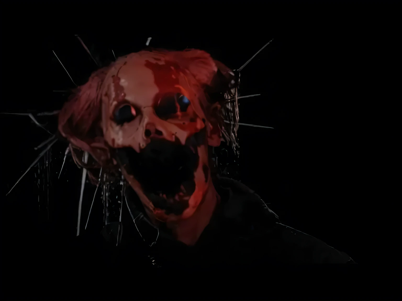 large black eye sockets, scary torn face, burnt skin