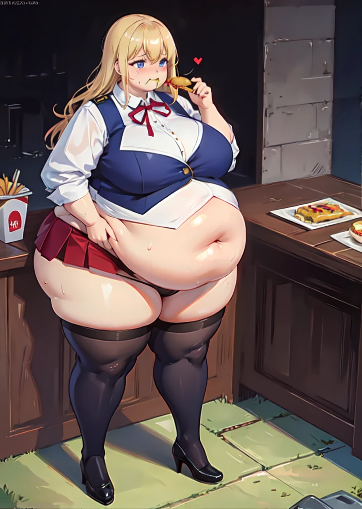 High quality, full body photo of a beautiful sexy secretary wearing extremely short skirt and seamed stockings, ((solo)), adult, high heels, craves sex, sweaty, eating at McDonalds, beautiful face, long wavy blonde hair, stunning blue eyes, massive painfully overstuffed bloated distended bulging heavy obese belly, panties visible under skirt, revealing skirt, shes binge eating, weight gain, very wide fat hips, fat thick thighs, massive wide fat round heart shaped shelf bubble butt, massive fat heavy breasts, very deep cleavage, tight uniform, belly so full it hurts, shes so fat she can barely stand, shes so full she can barely stand, her clothes dont fit shes so extremely fat, shes become a fat food addicted slob, she doesnt care about being fat anymore she just wants to eat more and more food until she cant move, covered in sweat, belly bigger than her body, she’s very heavy massive and obese, fat cheeks, fat face, fat neck, struggling to eat more, struggling to stand, shes rubbing her belly, burping, sagging obese belly,