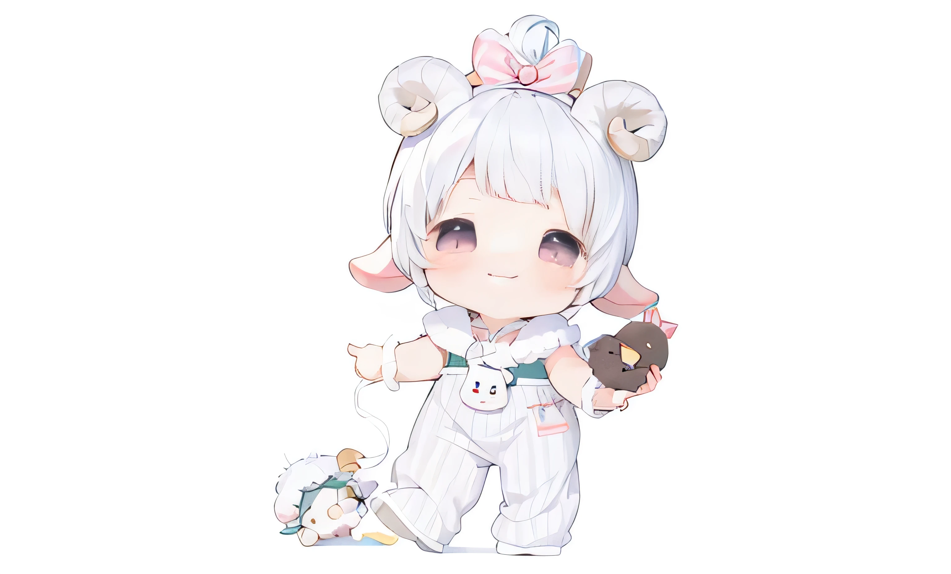 Sheep horns ,lolita cute character, ,,Lalafer, Sheep horns little loli girl, 2d,Two-dimensional,,celluloid,HD,8K,,,Correct structure ,Q version is very cute,wearing nightdress,pajamas,Holding a ball of yarn and a black bunny in hand,Correct structure,Sleeveless jumpsuit,baby