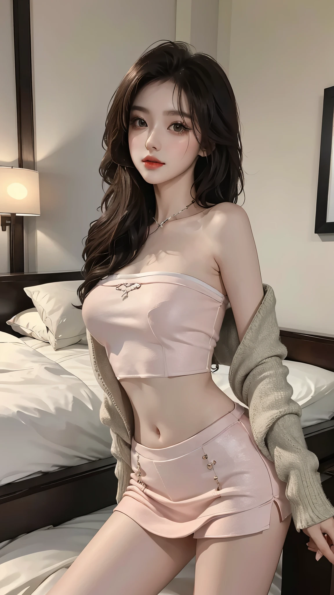 1girl,short skirt,Two piece fashionable outfit, ((yushuxin,1 girl, Solitary)), ((Bare shoulders)), warm color, atmosphere, 4K, masterpiece, high resolution, ridiculous, Bare shoulders, Sexy long legs, on the bed, Strike a pose, Brown Wavy Hair, lust, Eye, Shy, Pure desire, Tempting, Sexy pose, Large Breasts, Very detailed face, Makeup is light and delicate, Charm and sophistication, Tempting的姿势, beauty, grace, lifelike, Very detailed, Astonishing, beauty的, Young and energetic, Charming model