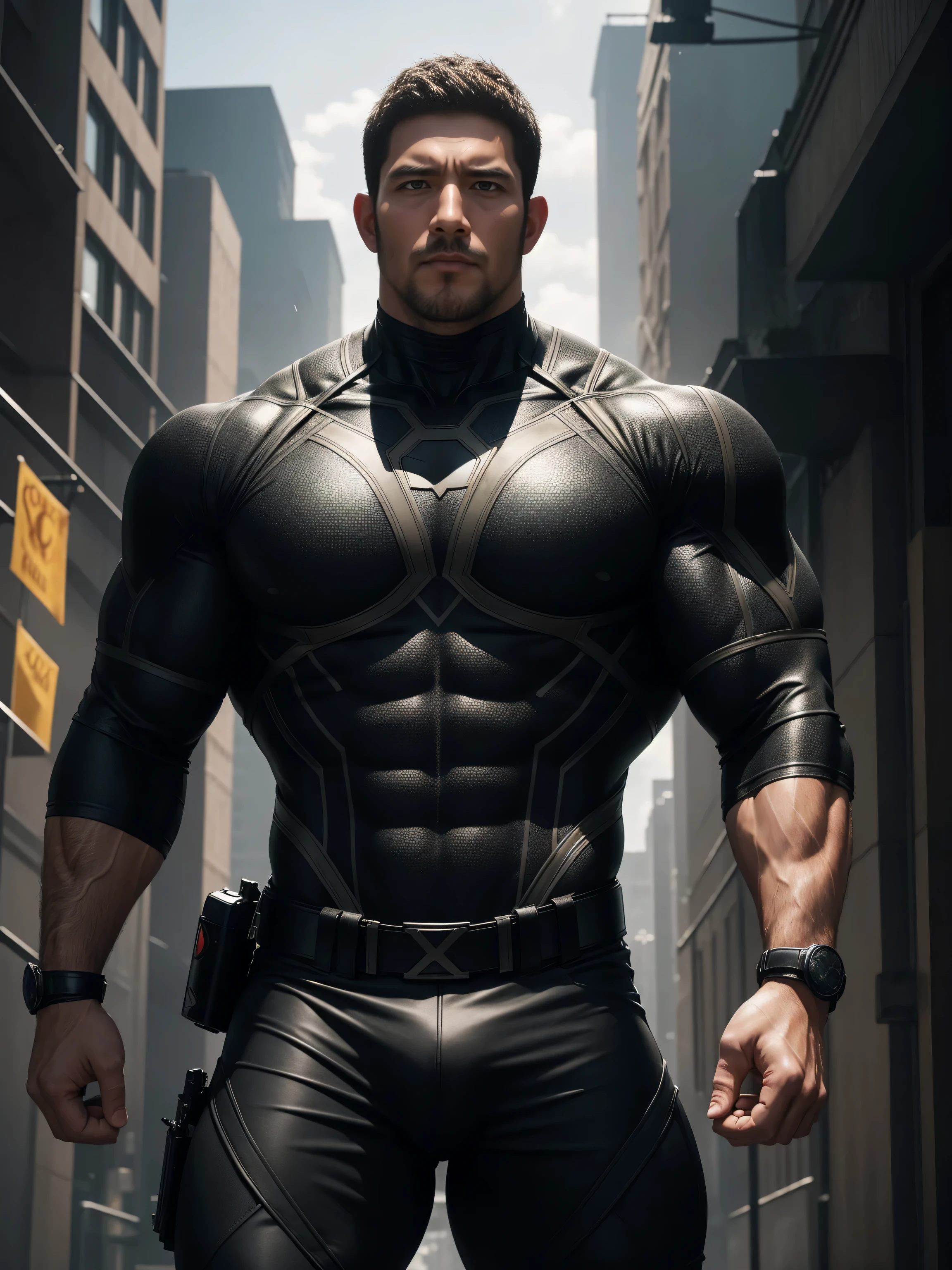 Angry angry muscular man, On the old-style outdoor streets, Wearing long-sleeved brown superhero Black Panther bodysuit, Elastic spandex material,The expression is arrogant, Lift your chin, Messy hair, Thick thighs, Brown Superhero Bodysuit with Turtleneck and Long Sleeves, very tight, Regular symmetrical pattern, Highlight muscles, Police uniform pants, character concept(Resident Evil - Chris Redfield, Chris Redfield)A proud expression, Deep and charming eyes, Heroic male pose, tall Burly, muscular!muscular thighs, tough guy, perfect facial features, High, Burly, Heqiang, Super polished and cool, High Resolution Committee, Charismatic, The sun is blazing, dazzling