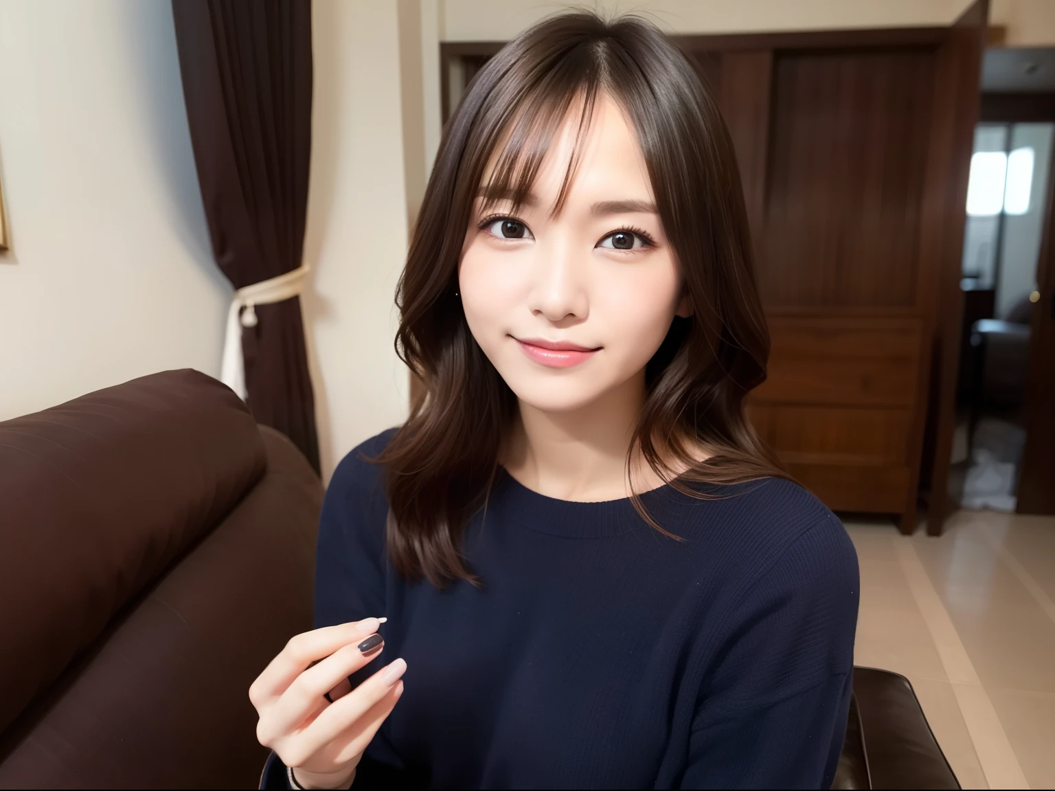 A woman in casual clothes posing in her living room、Harsh Flash photographygraphy、Young and beautiful gravure idol、[Photo Real]!!,Candid Flash photographygraphy、grow、Masa Nakayama、Flash photography、sui ishida、Do not copy hands、Adult women