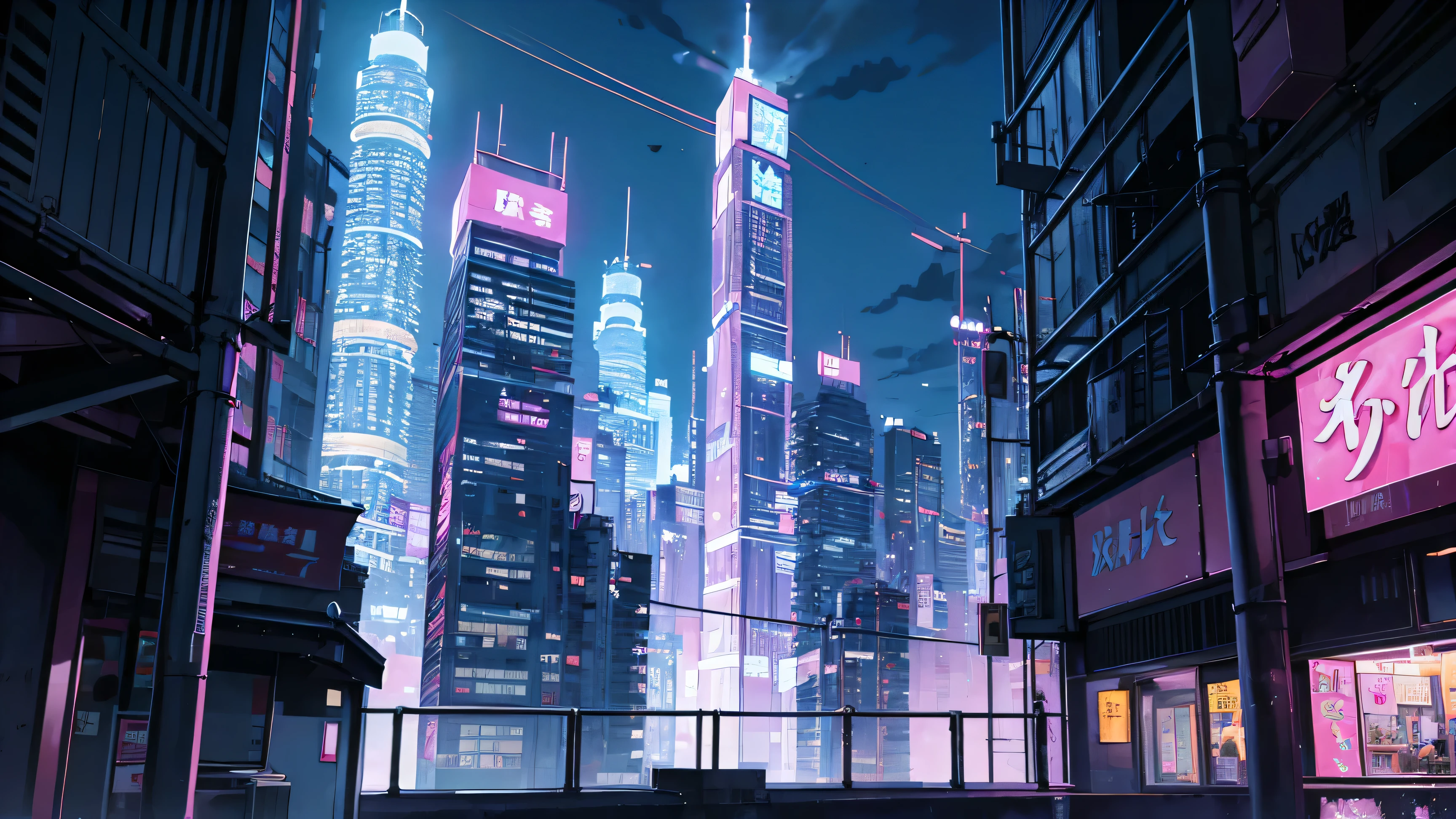 Manga style illustration、Solid Paint、City Building、rooftop、skyscraper、Purple neon color, pink, green