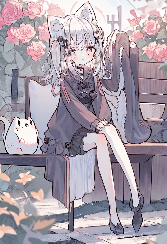 White hair、short-hair、Curled Hair、Light red eyes、Cute clothes、jaket、A slight smil、Black skirt、Small sunshine、Benches、shelter、high-angle、Hair swaying、florals、Street、Painted road、Cat's ears、Kawaii Girl、Cute design clothes、Knitted clothes