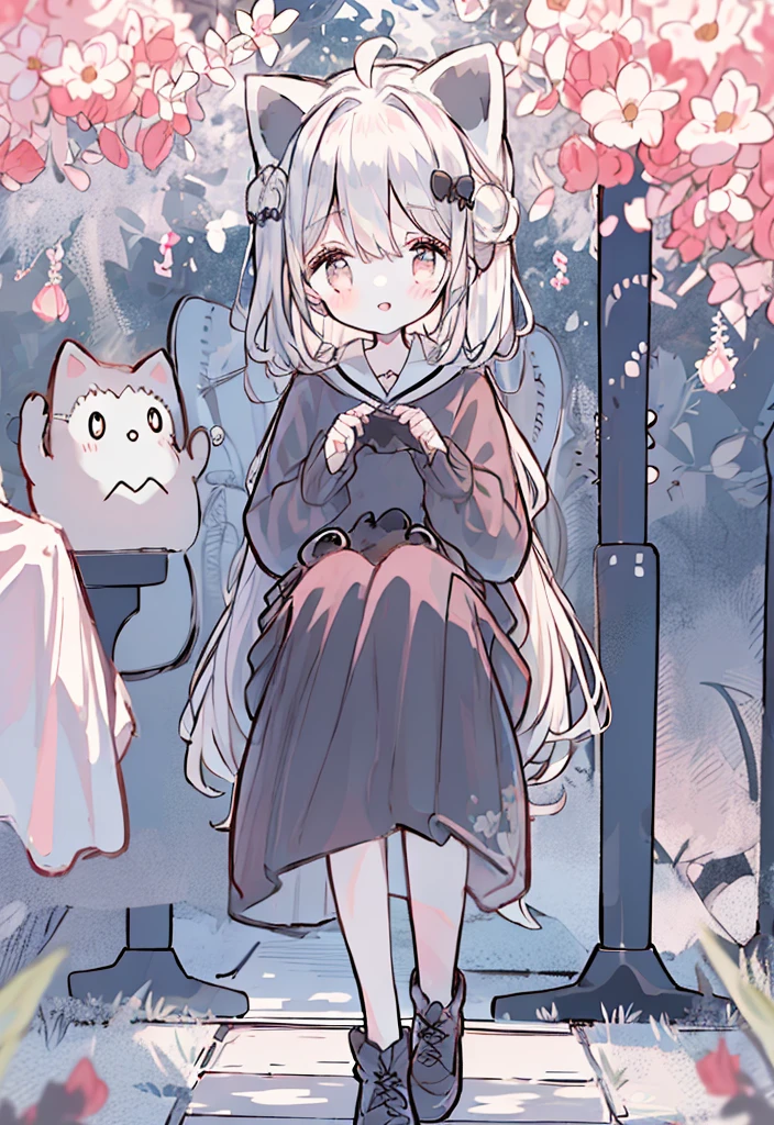 White hair、short-hair、Curled Hair、Light red eyes、Cute clothes、jaket、A slight smil、Black skirt、Small sunshine、Benches、shelter、high-angle、Hair swaying、florals、Street、Painted road、Cat's ears、Kawaii Girl、Cute design clothes、Knitted clothes