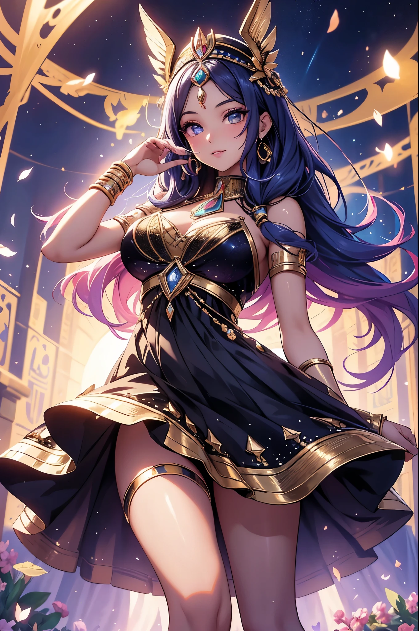 (best quality,4k,8k,highres,masterpiece:1.2),ultra-detailed,(realistic,photorealistic,photo-realistic:1.37),acrylic painting,beautiful Egyptian model in a Lolita dress with downy hair,beautiful Egyptian model with extremely colorful hair and detailed facial features,beautiful Egyptian model standing in a beautiful garden surrounded by a starry sky,beautiful Egyptian model wearing a vibrant Lolita dress,beautiful Egyptian model with intricate accessories and a matching hat,beautiful Egyptian model posing gracefully with her hands on her hips,beautiful Egyptian model with long flowing twintails,beautiful Egyptian model with bright blue eyes and rosy lips,beautiful Egyptian model with a joyful expression,beautiful Egyptian model in a dynamic pose with cherry blossoms falling around her,beautiful Egyptian model surrounded by colorful flowers and butterflies,beautiful Egyptian model's dress adorned with cute bows and lace details,beautiful Egyptian model with an enchanting smile,beautiful Egyptian model with soft, pastel-colored shading,beautiful Egyptian model with a magical glow illuminating her,beautiful Egyptian model in a picturesque setting with a winding path leading to a magnificent castle,beautiful Egyptian model holding a microphone and singing passionately,beautiful Egyptian model with a fairytale-like background,beautiful Egyptian model with a soft, dreamy atmosphere,beautiful Egyptian model with a subtle bokeh effect,beautiful Egyptian model standing under a moonlit sky,beautiful Egyptian model with a warm, golden sunset in the background,beautiful Egyptian model surrounded by twinkling stars and colorful nebulae,creating an ethereal and captivating artistic masterpiece. 