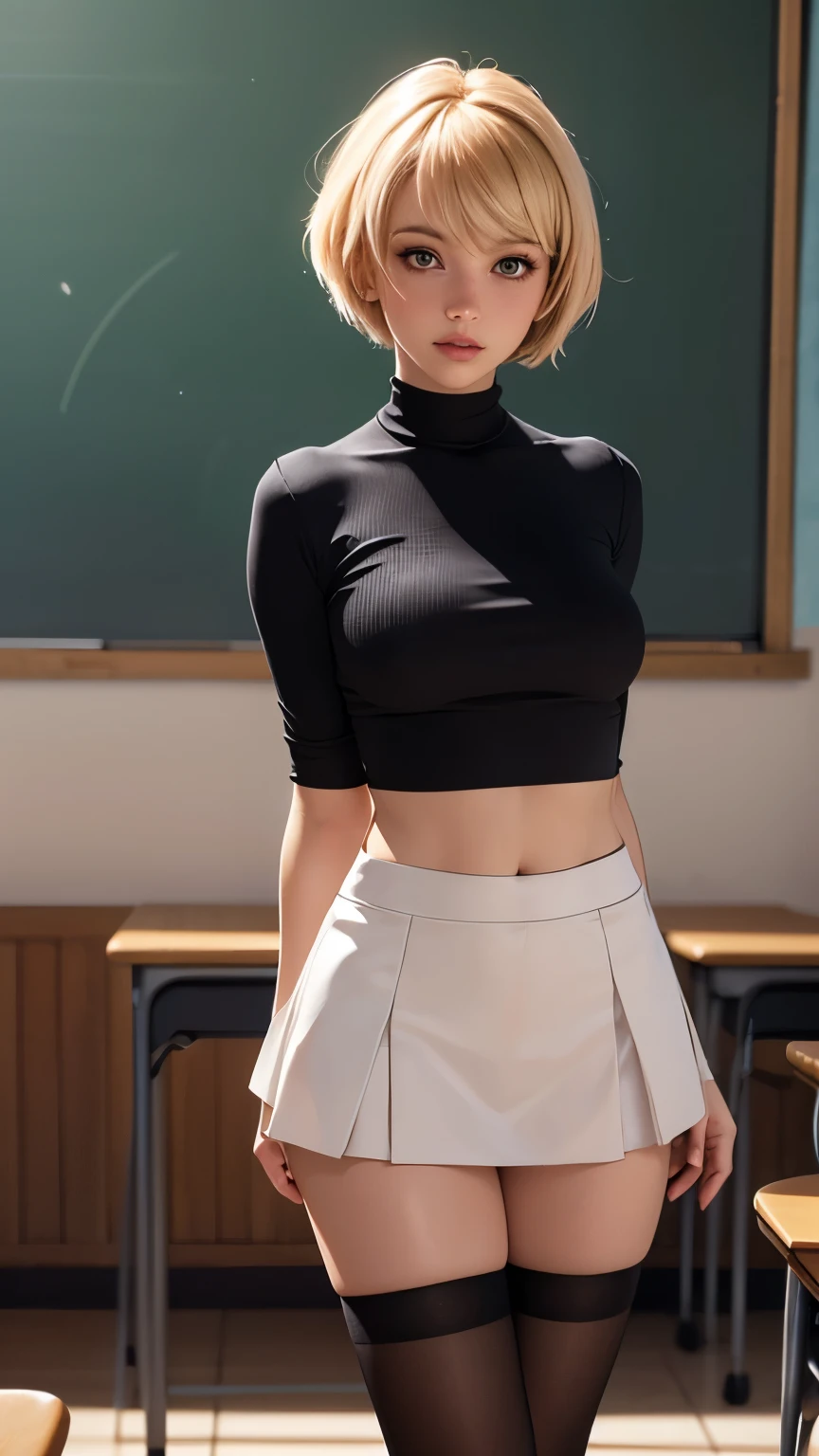 (best quality,4k,highres),(realistic,photorealistic:1.37),1 girl,blond pixie cut with bangs,beautiful detailed eyes and lips,fitted crop top,thighhighs,miniskirt,full body,dynamic angle,in the classroom,stunning background,magical atmosphere,soft lighting,pastel colors,pencil sketch style