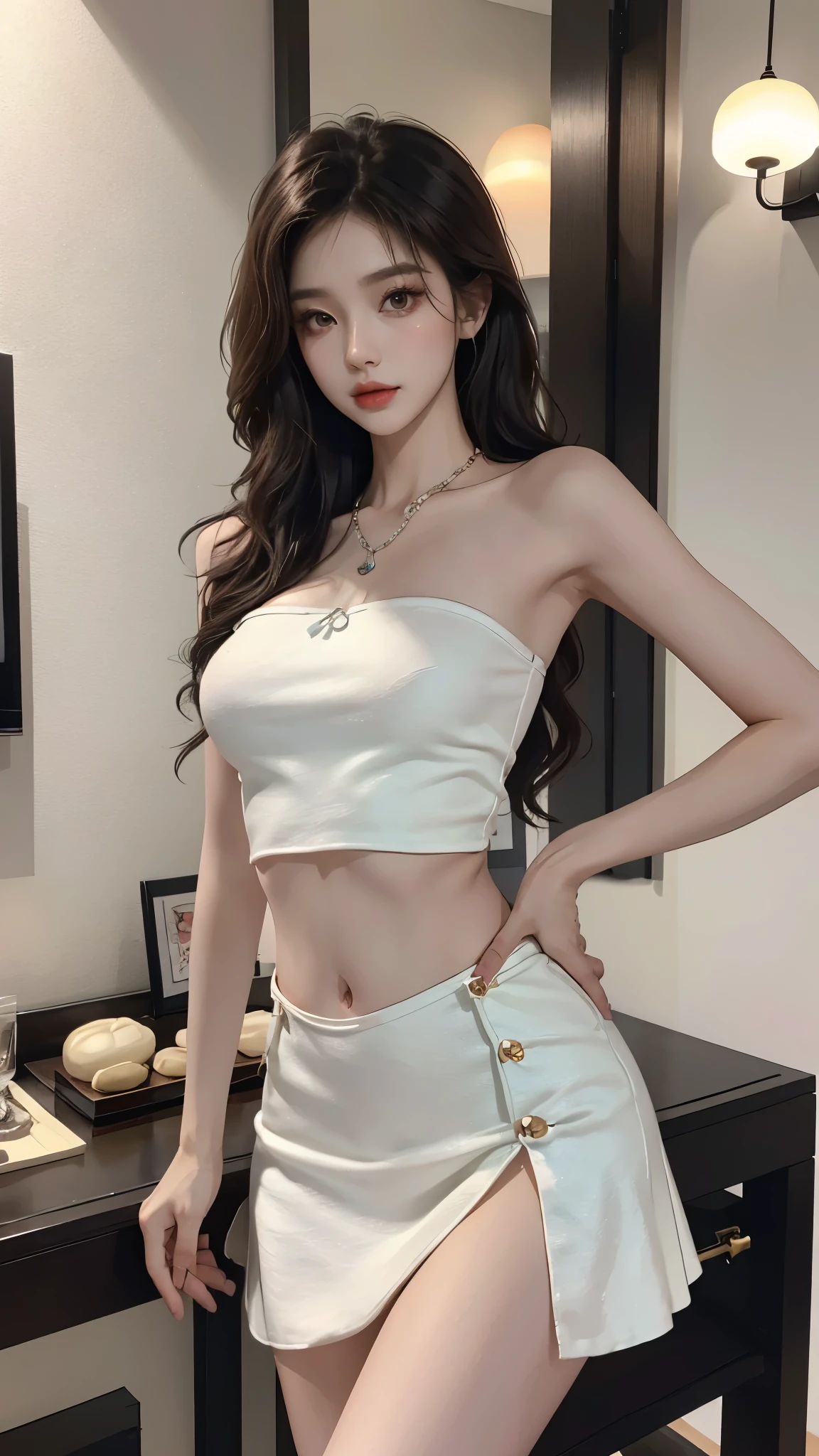 1girl，short skirt，Two piece fashionable outfit, ((yushuxin,1girl,solo)), ((Bare shoulders)), warm color, atmosphere, 4K, masterpiece, high resolution, ridiculous, Sexy long legs, Random scenes, Strike a pose, Brown Wavy Hair, lust, Eye, Shy, Pure desire, Tempting, Sexy pose, Large Breasts, Very detailed, Exquisite makeup, Charm and sophistication, Tempting的姿势, beauty, grace, lifelike, Very detailed, Astonishing, beauty的, Young and energetic, Charming model, The right hand, Anatomically correct