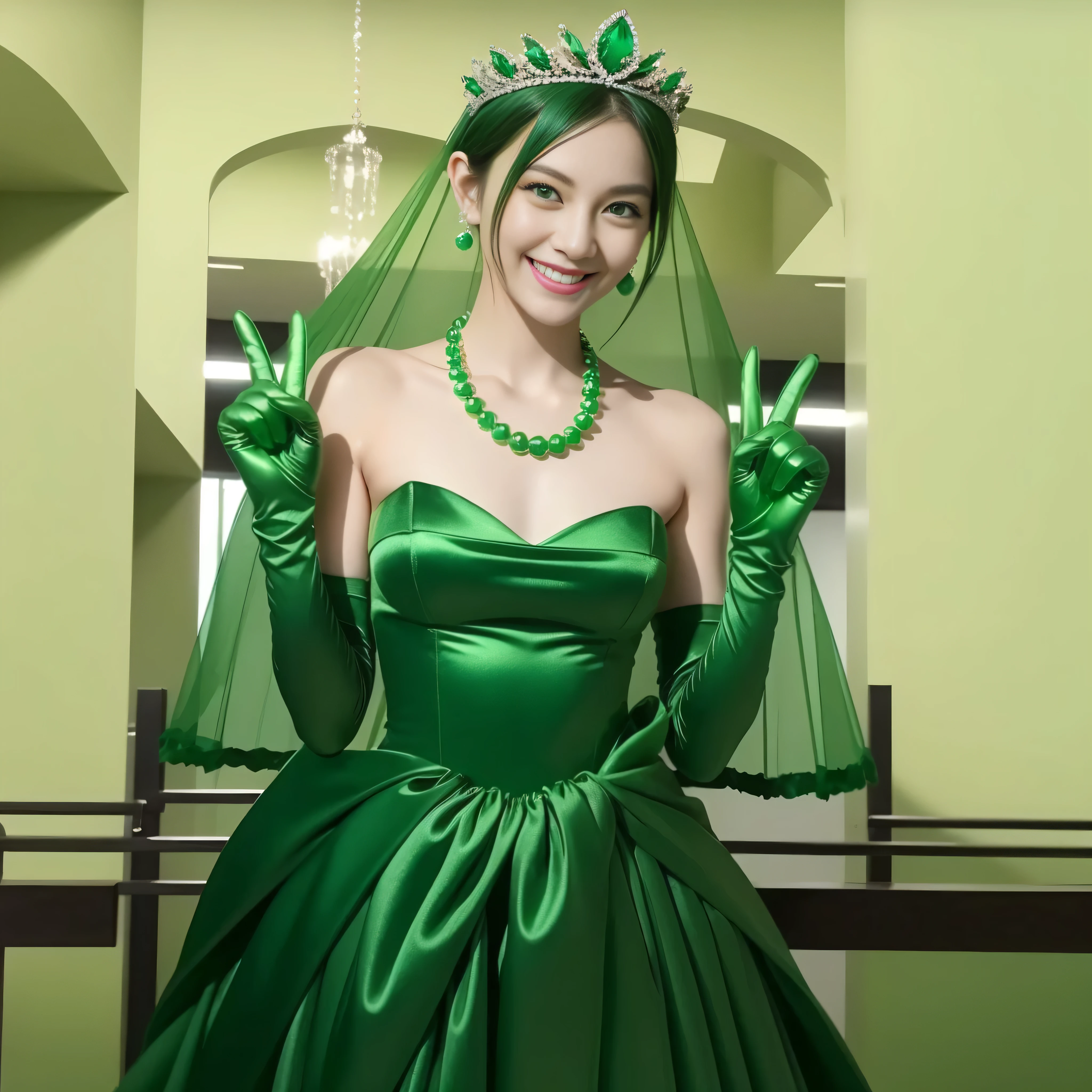 Emerald tiara, Green Pearl Necklace, Boyish very short green hair, lipstick, Smiling Japanese woman, Very short hair, Big and beautiful, Green Eyes, Long green satin gloves, Green Eyes, v sign, Emerald Earrings, Green veil
