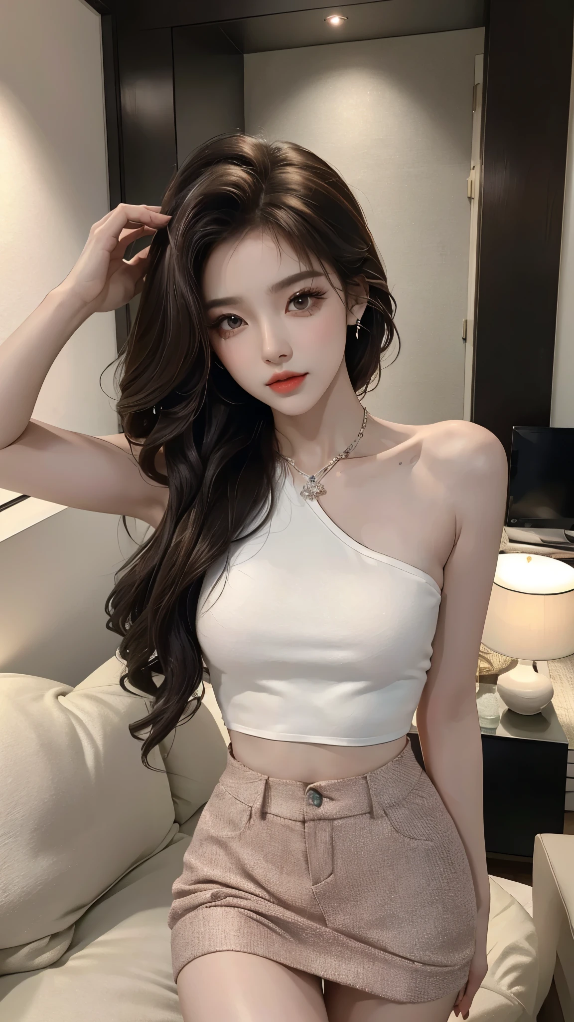 1girl,short skirt,Two piece fashionable outfit, ((yushuxin,1girl,solo)), ((Bare shoulders)), warm color, atmosphere, 4K, masterpiece, high resolution, ridiculous, Sexy long legs, Random scenes, Strike a pose, Brown Wavy Hair, lust, Eye, Shy, Pure desire, Tempting, Sexy pose, Large Breasts, Very detailed, Exquisite makeup, Charm and sophistication, Tempting的姿势, beauty, grace, lifelike, Very detailed, Astonishing, beauty的, Young and energetic, Charming model, The right hand, Anatomically correct