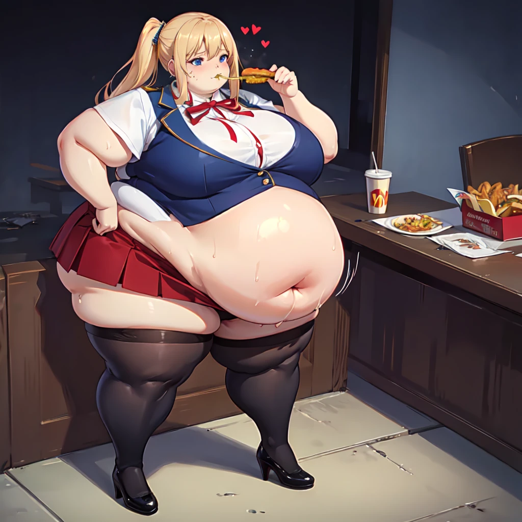 High quality, full body photo of a beautiful sexy secretary wearing extremely short skirt and seamed stockings, ((solo)), adult, high heels, craves sex, sweaty, eating at McDonalds, beautiful face, long wavy blonde hair, stunning blue eyes, massive painfully overstuffed bloated distended bulging heavy obese belly, panties visible under skirt, revealing skirt, shes binge eating, weight gain, very wide fat hips, fat thick thighs, massive wide fat round heart shaped shelf bubble butt, massive fat heavy breasts, very deep cleavage, tight uniform, belly so full it hurts, shes so fat she can barely stand, shes so full she can barely stand, her clothes dont fit shes so extremely fat, shes become a fat food addicted slob, she doesnt care about being fat anymore she just wants to eat more and more food until she cant move, covered in sweat, belly bigger than her body, she’s very heavy massive and obese, fat cheeks, fat face, fat neck, struggling to eat more, struggling to stand, shes rubbing her belly, burping, sagging obese belly,