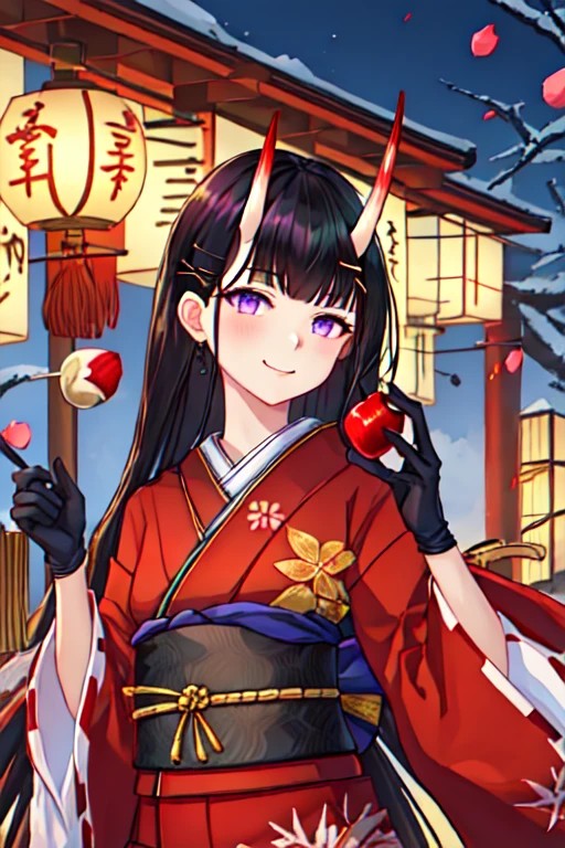 best quality, masterpiece, highres, solo, {noshiro_azurlane:1.15}, long_hair, horns, oni_horns, black_hair, purple_eyes, bangs, hair_ornament, hairclip, breasts, x_hair_ornament, serafuku, very_long_hair, 1girl, candy_apple, food, gloves, holding, japanese_clothes, kimono, looking_at_viewer, red_kimono, black_gloves, blunt_bangs, closed_mouth, long_sleeves, petals, smile, wide_sleeves, hairpin, lantern, obi, sash, upper_body