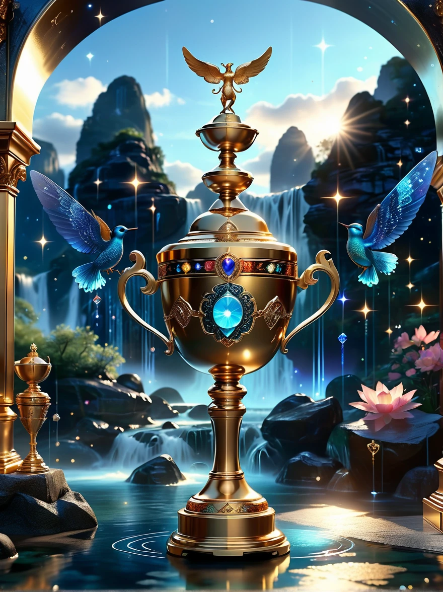 A majestic golden trophy in the magic world，Luxury，Spectacular，Sophisticated design，The surface is inlaid with precious gemstones，It rests on a pedestal adorned with mystical runes and surrounded by a radiant halo.，The background is a dreamy landscape，There are floating islands、sparkling waterfalls，The sky is filled with twinkling stars and glowing constellations，Adds a charming atmosphere，The whole scene exudes magnificence and magic，The beam highlights the grandeur of the trophy。