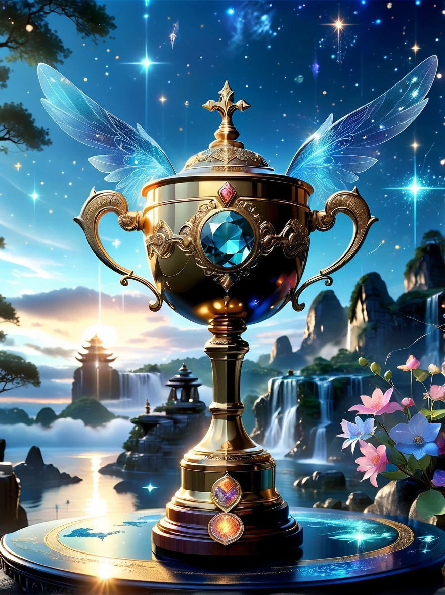 A majestic golden trophy in the magic world，Luxury，Spectacular，Sophisticated design，The surface is inlaid with precious gemstones，It rests on a pedestal adorned with mystical runes and surrounded by a radiant halo.，The background is a dreamy landscape，There are floating islands、sparkling waterfalls，The sky is filled with twinkling stars and glowing constellations，Adds a charming atmosphere，The whole scene exudes magnificence and magic，The beam highlights the grandeur of the trophy。