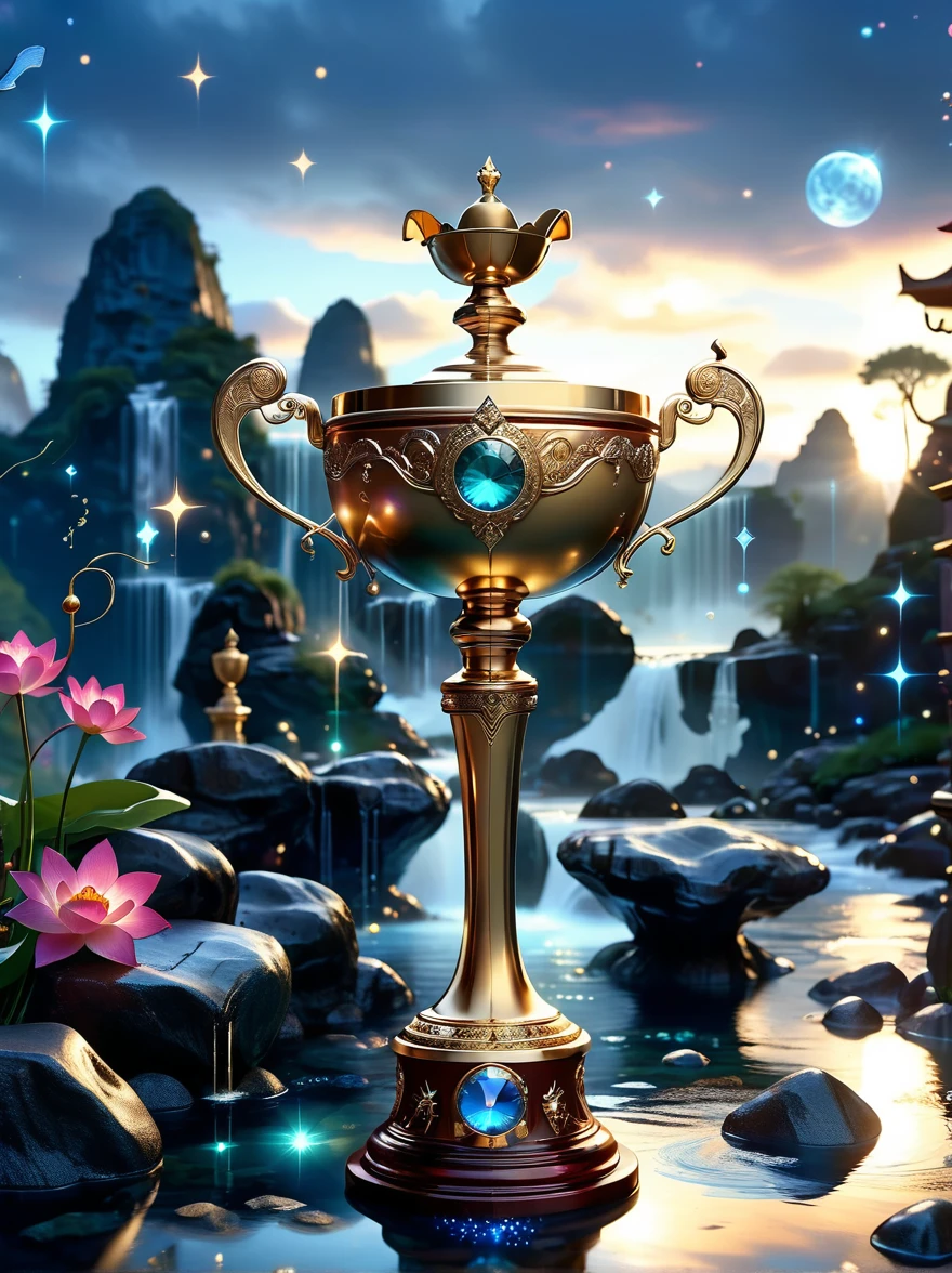 A majestic golden trophy in the magic world，Luxury，Spectacular，Sophisticated design，The surface is inlaid with precious gemstones，It rests on a pedestal adorned with mystical runes and surrounded by a radiant halo.，The background is a dreamy landscape，There are floating islands、sparkling waterfalls，The sky is filled with twinkling stars and glowing constellations，Adds a charming atmosphere，The whole scene exudes magnificence and magic，The beam highlights the grandeur of the trophy。