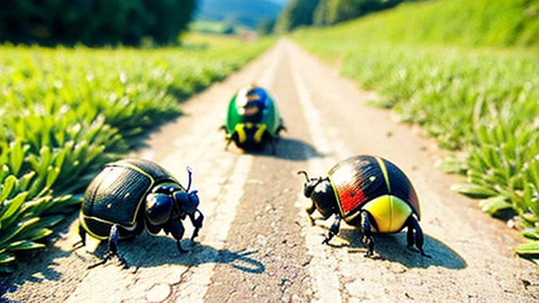 Children playing with beautiful beetles in the countryside、Kids playing with cute beetles in the countryside、