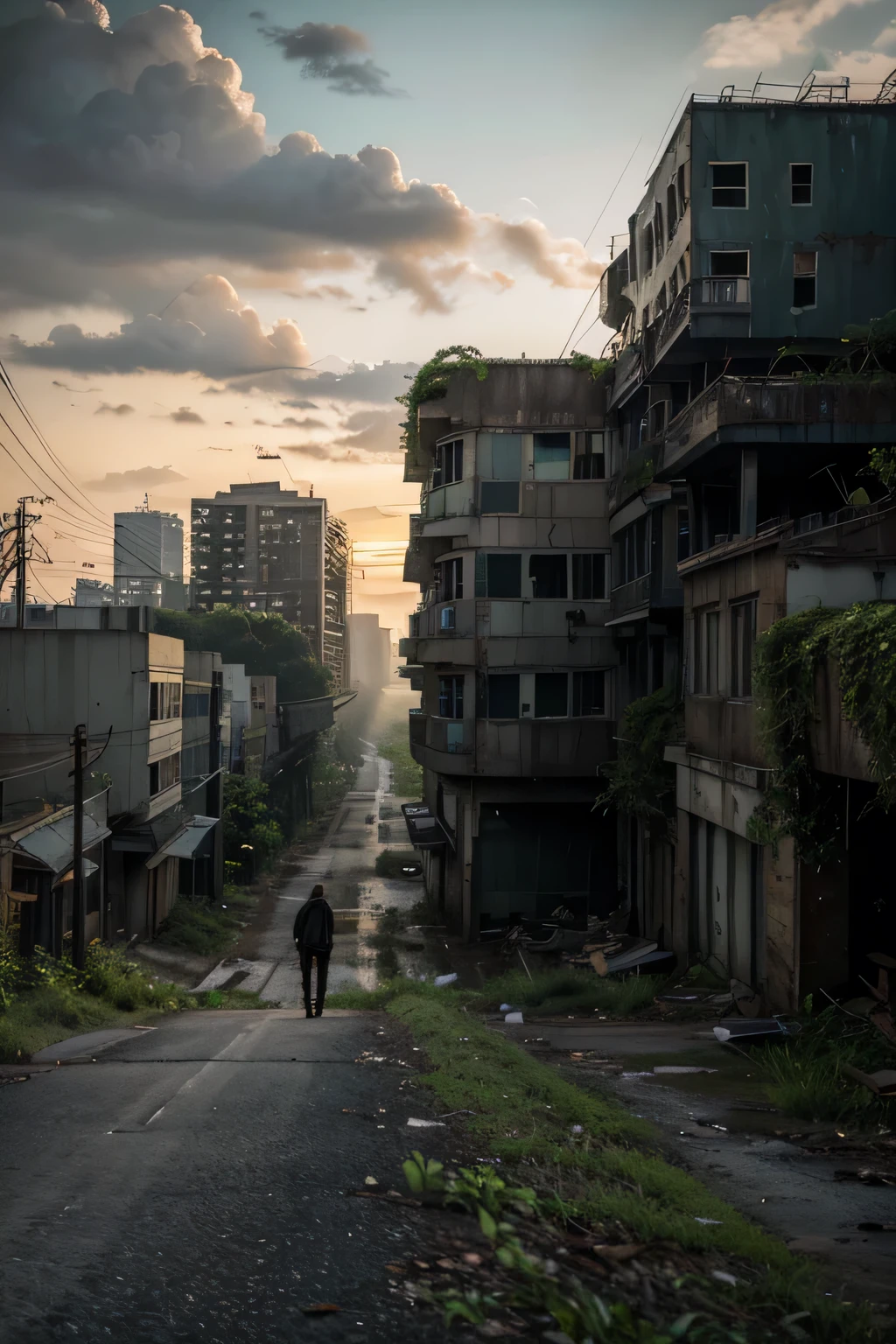 abandon city, shabby road with old abandon buildings, with overgrown massy creeper planted on the 6 story buildings and road, various plants and moss, parking scrap wrack cars, Viewed from road, a real scene --ar 3:4 --s 250 --v 6.0, horror, sci-fi, realistic photography, fog, late dusk, the last of us theme, no electricity, abandoned city, completley overgrown, clear buildings, a survivor man holding hunting rifle walk side of the road, 